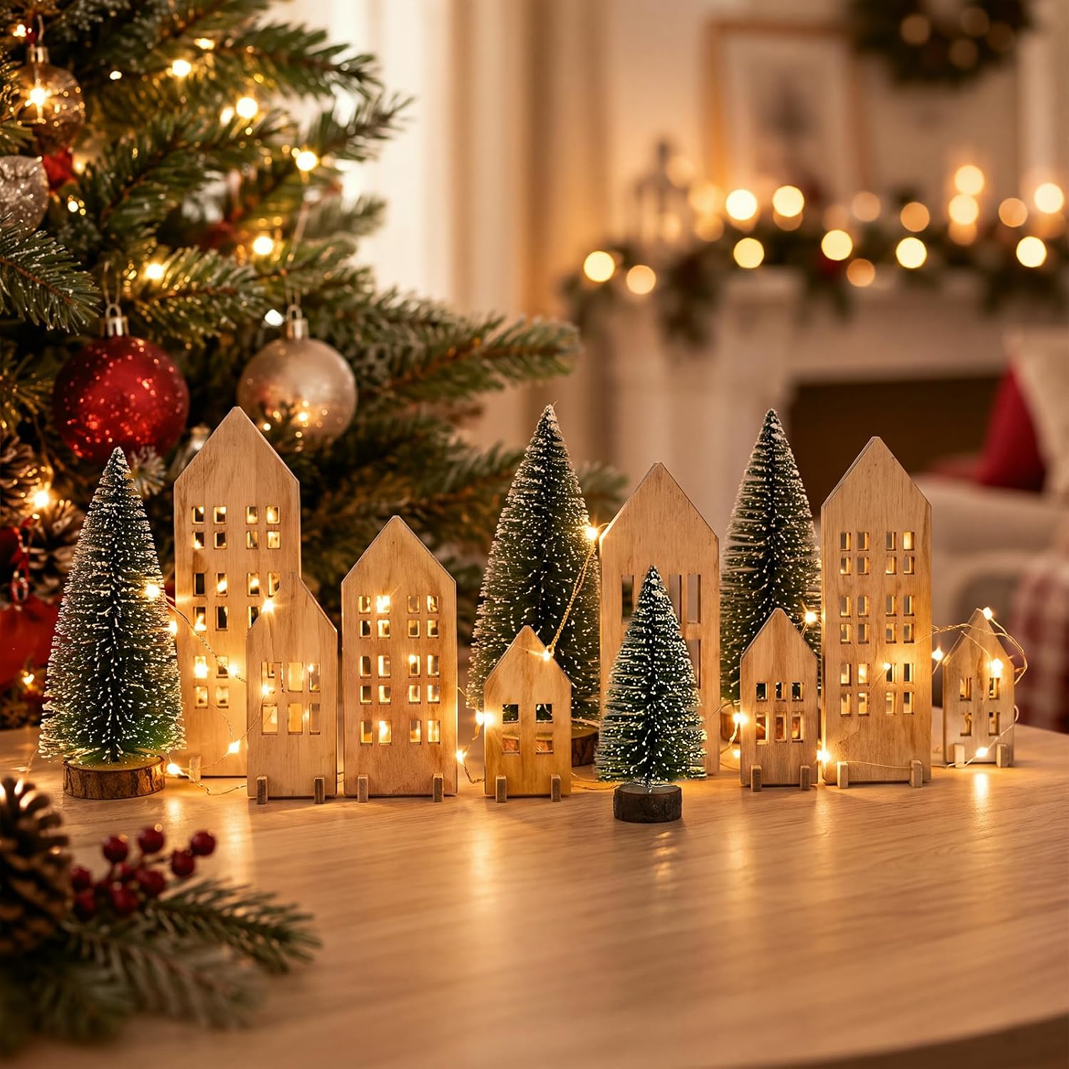 Fuutreo 12pcs LED Wooden Christmas Village Houses for Fireplace Mantel