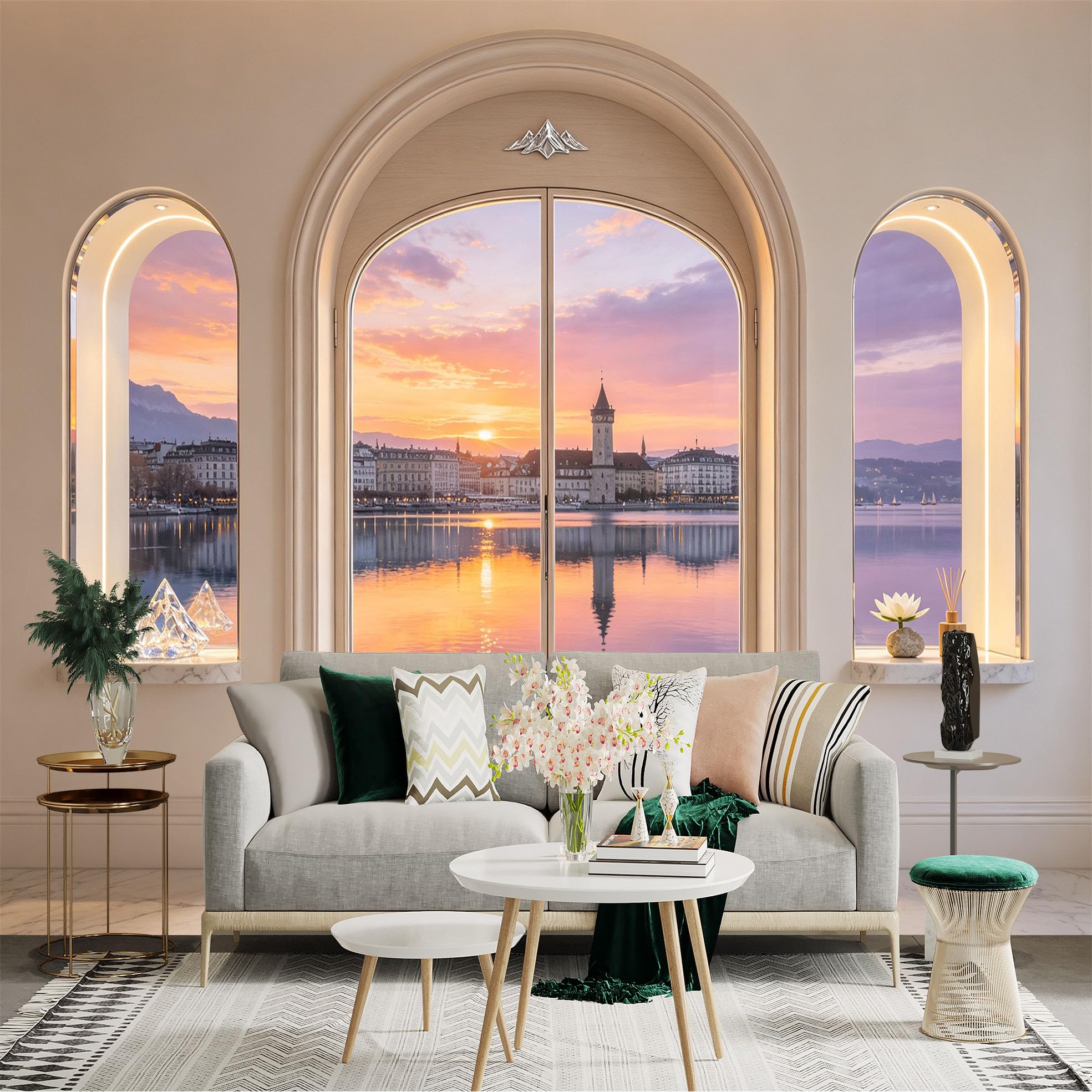 Custom Size Wall Sticker Mural， Sunset Lake View， Arch Window Scenery， City Skyline Reflection， for wall Decoration， peelandstick wall Decals.
