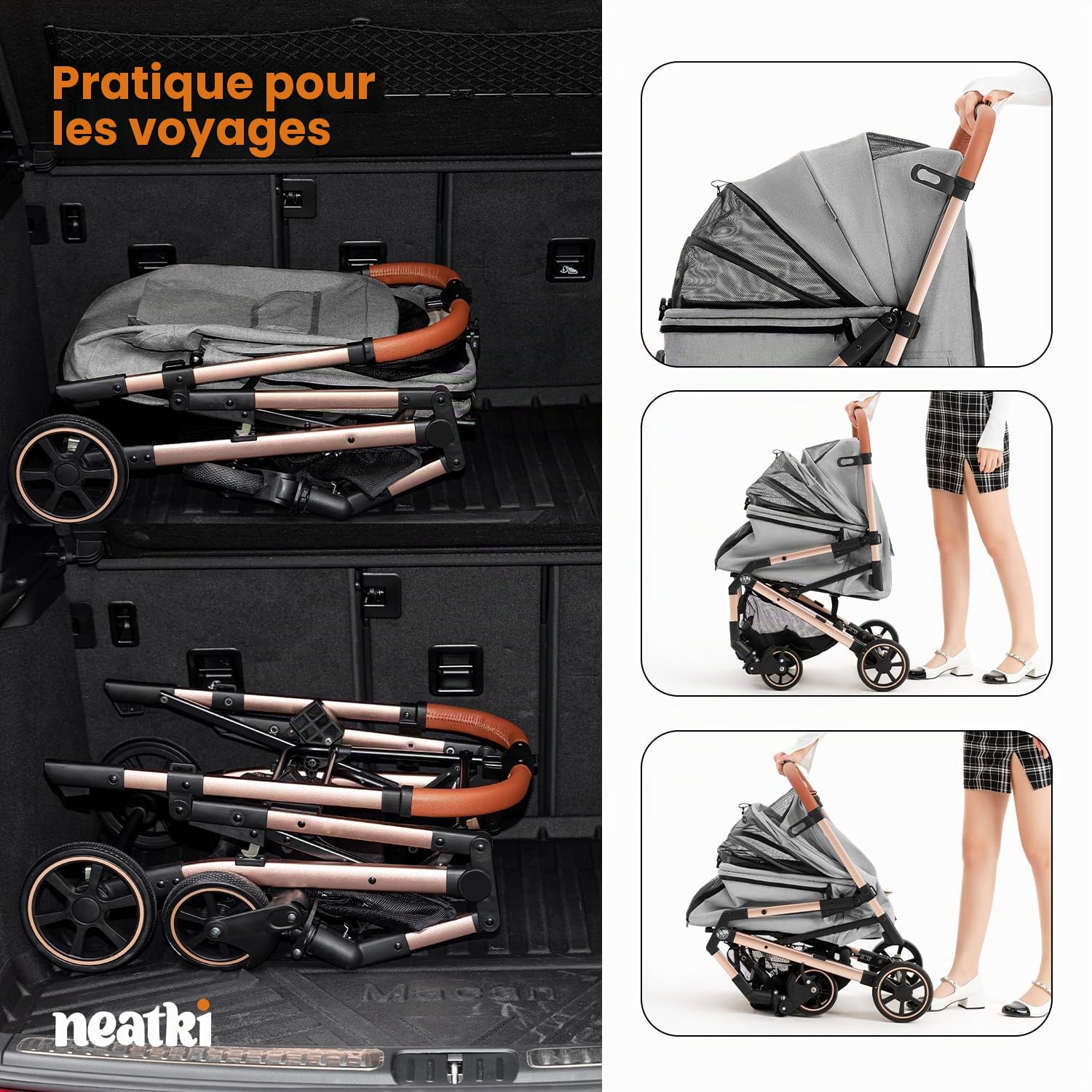 Poussette pliable pour chiens et chats | Capacité de 15 kg | Roues avant pivotantes à 360° | Pliage en un clic | Clips de laisse/sécurité | rembourrage lavable (Gris)