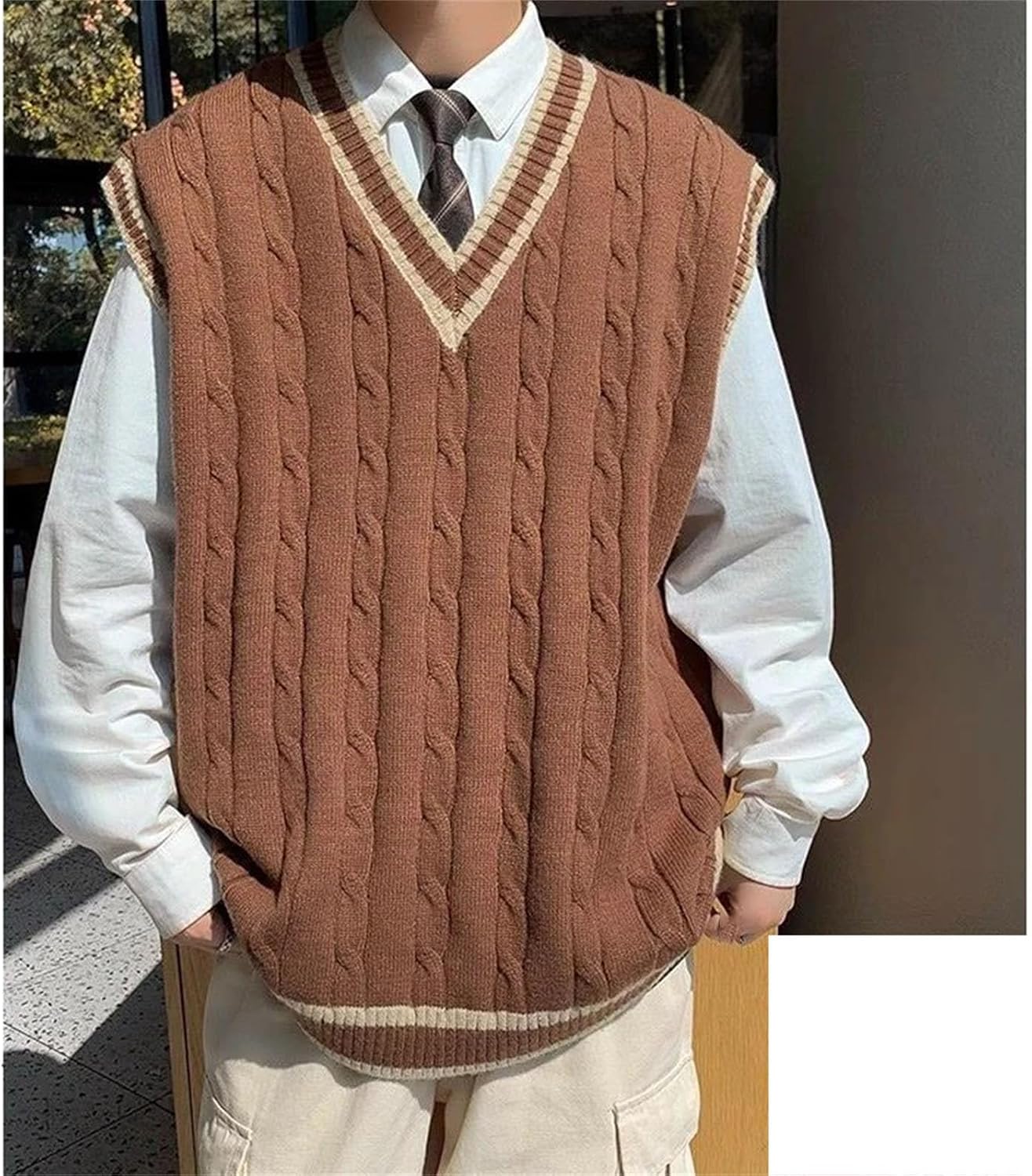 Mens Vintage Preppy Style Oversized Knitted Sweater Vest Streetwear V Neck Sleeveless All Match Waistcoat