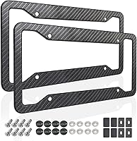 Carbon Fiber Pattern License Plate Frames - 2 Pack Black Aluminum Heavy Duty Front Rear Holders with Hardware, Screws, Caps & Rattle Proof Pads