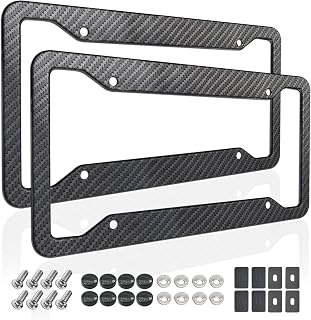 Carbon Fiber Pattern License Plate Frames - 2 Pack Black Aluminum Heavy Duty Front Rear Holders with Hardware, Screws, Caps & Rattle Proof Pads