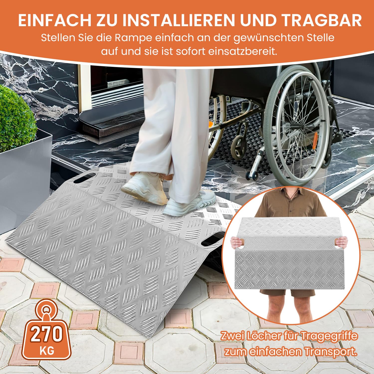 Rampa de umbral para sillas de ruedas, de aluminio, capacidad de carga de 270 kg, antideslizante, portátil, con asas, 60 x 70 x 10 cm