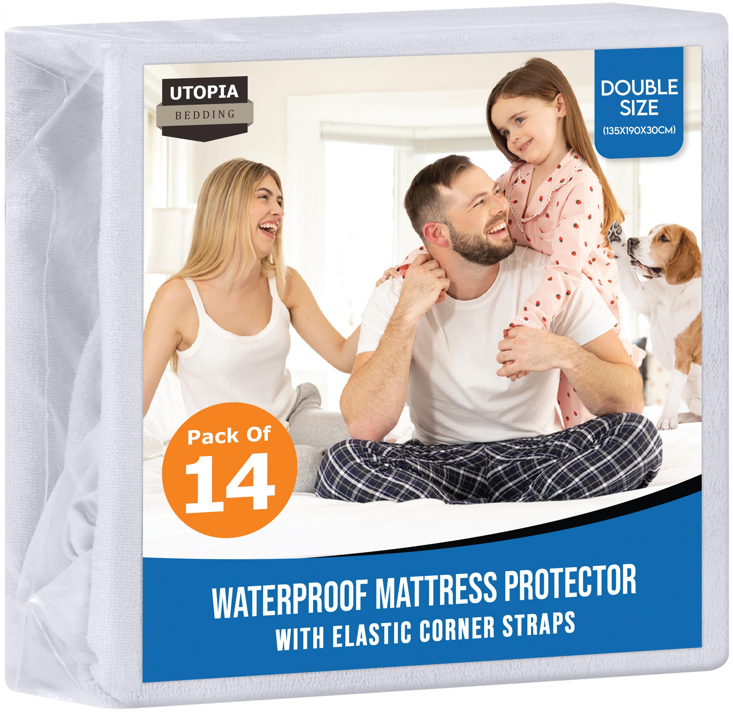 Utopia Bedding Waterproof Strap Mattress Protector Double Bed 135 x 190 cm White, (Pack of 14), Fits Up to 30 cm Deep Mattresses, Premium Terry Mattress Protector, 4 Side Elastic Strap Mattress Cover — image 1