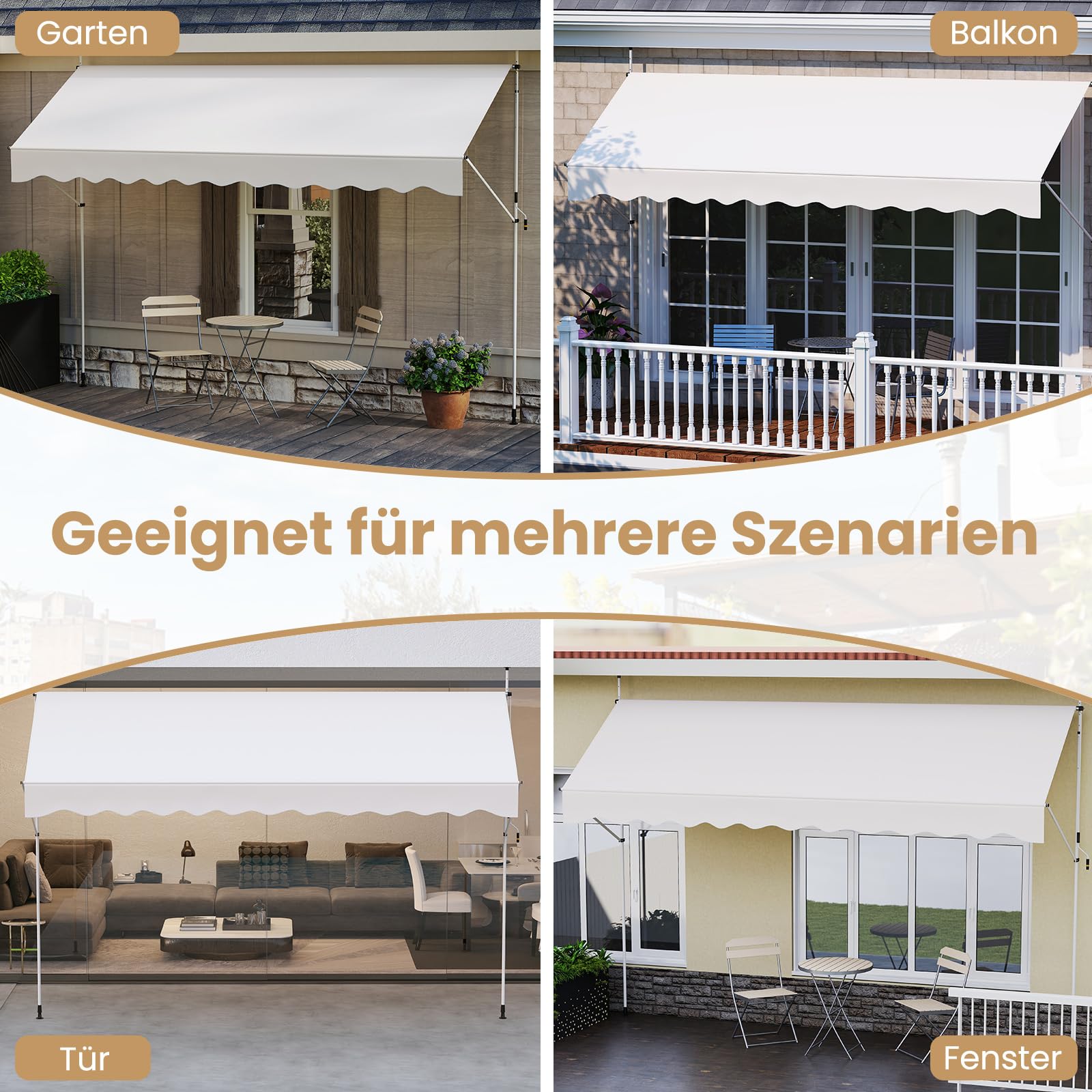 COSTWAY Klemmmarkise, Balkonmarkise ohne Bohren mit Handkurbel, Höhenverstellbar & UV-beständig, Markise Sonnenschutz für Terrasse, Balkon, Garten (400 cm,Weiß)