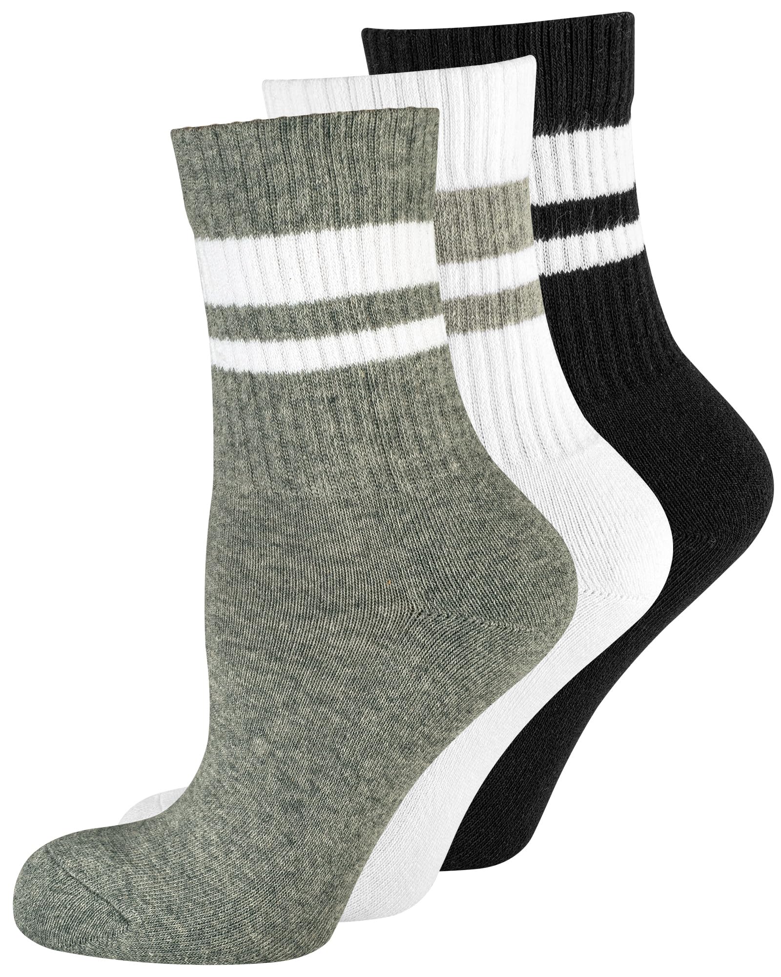 Nur Die 3er Pack Retro Tennissocken Hohe Sport Socken mit Streifen aus atmungsaktiver Baumwolle Damen, weiß/grau/schwarz, 35-38