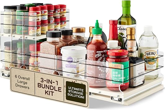Vertical Spice - 3-in-1 Bundle Kit - Sliding Spice Rack & Pull Out Spice Rack for Inside Cabinets - Cabinet Organizer w/Shelves for Upper Kitchen Cabinets - Pantry Organizers & Storage - Made in USA