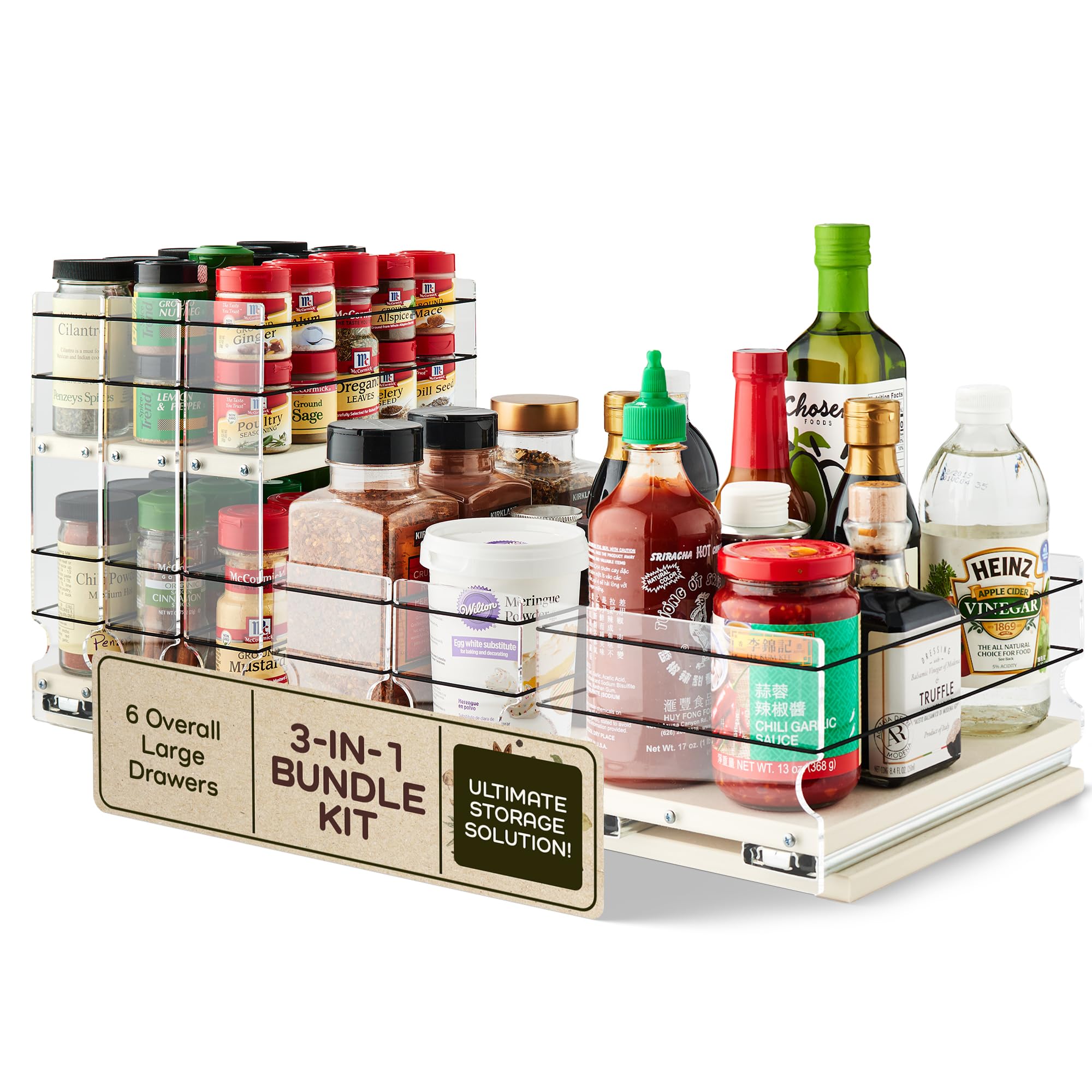 Vertical Spice - 3-in-1 Bundle Kit - Sliding Spice Rack & Pull Out Spice Rack for Inside Cabinets - Cabinet Organizer w/Shelves for Upper Kitchen Cabinets - Pantry Organizers & Storage - Made in USA