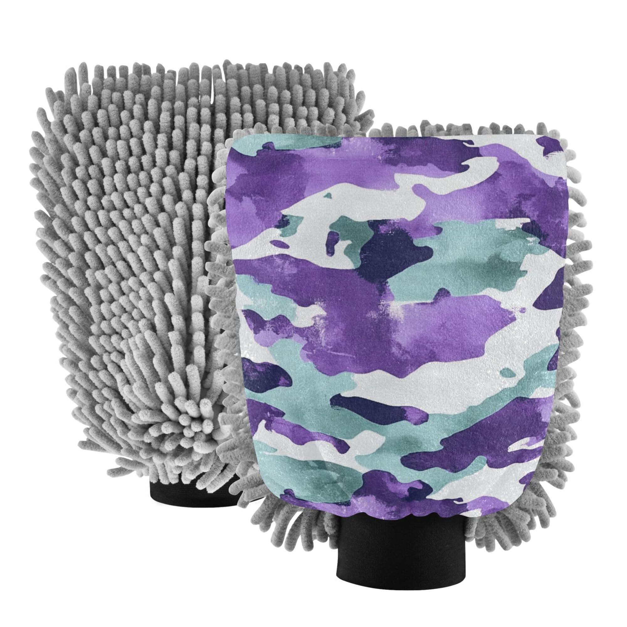 Wudan Army Purple Camouflage Car Wash Mitt 11.8'' Car Clean Gloves Scratch-Free Cleaning Mitten for Wash Drying