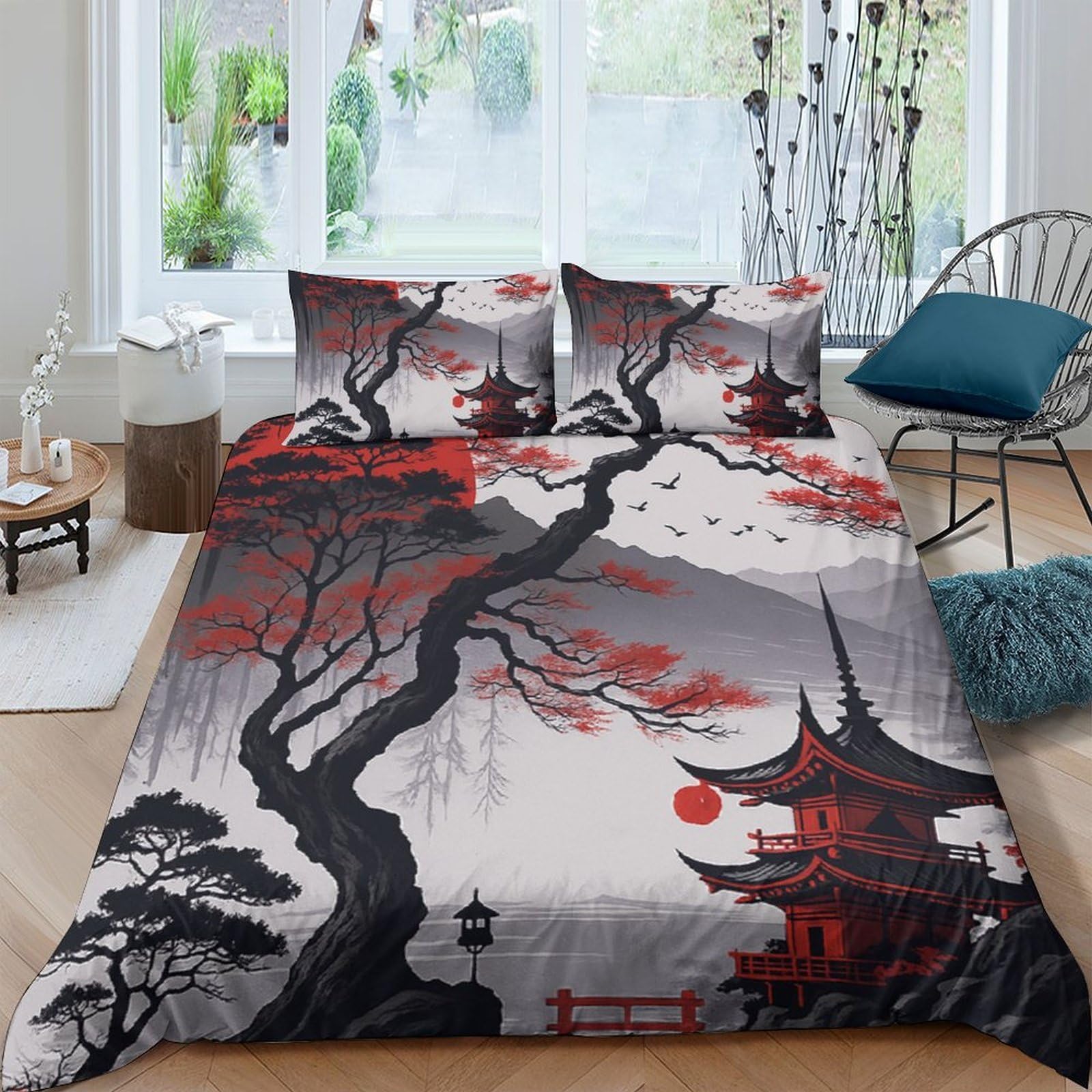 Ctjqhvkz Style-2 3D Printed Japanese Landscape Fitted Sheet Microfiber Soft Red Black Pagoda Bed Cover For Bedroom Decor Single（135X200cm）