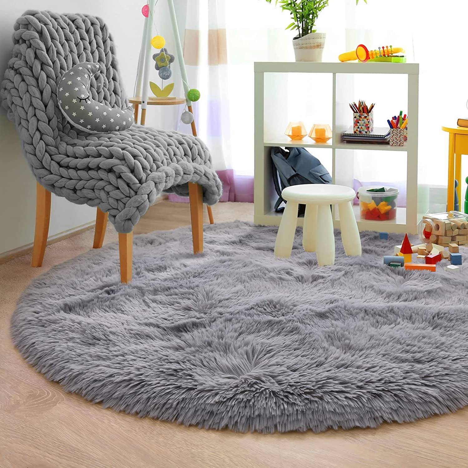 Tenekee Round Rugs for Bedrooms Fluffy Living Room Circle Area Rug Soft Shaggy Carpet for Kids Room Floor Mat(Grey, 160cm) - Image 4