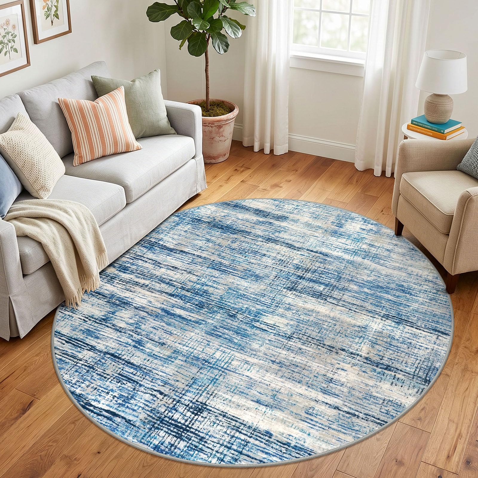 KOZYFLY Round Area Rugs 6Ft Modern Abstract Circle Rug for Bedroom, Washable Rug Non-Slip Soft Living Room Area Rug, Printed Blue Beige Striped Carpet for Laundry Nursery — image 1