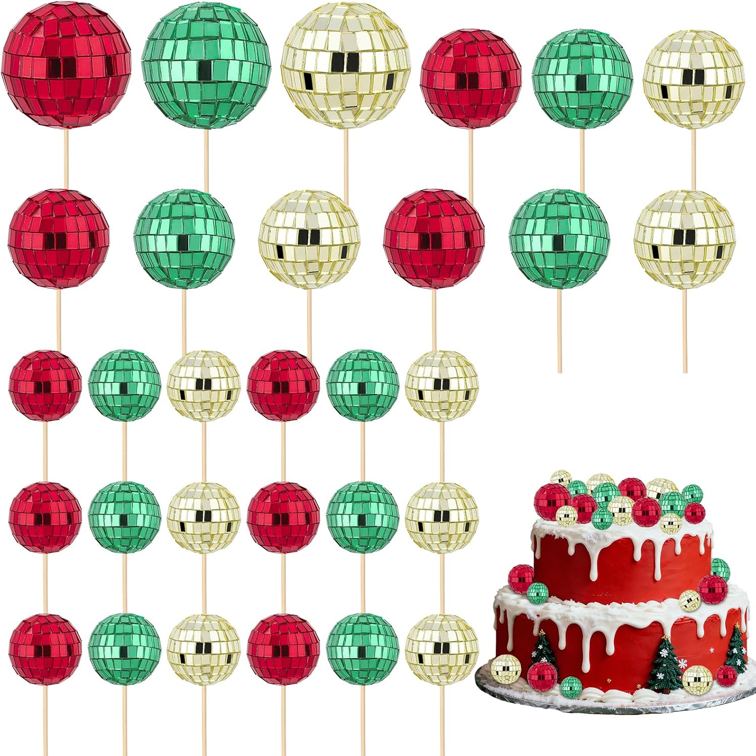 30Pcs Disco Ball Cupcake Toppers with Stick, Shiny Mini Disco Ball Picks