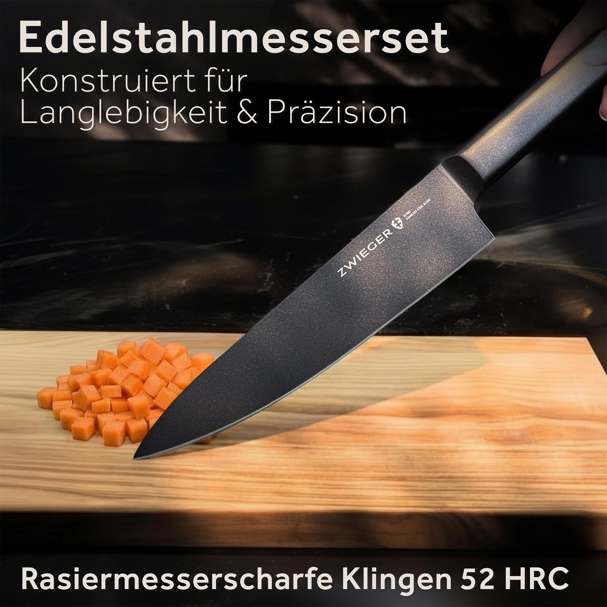 ZWIEGER Messerblock mit Messer 8-teiliges Set – Messerset aus Edelstahl 52 HRC – Küchenmesser Set mit Block im offenen Holz-Design inkl. Schärfer mit interner Rollentechnologie und Küchenschere