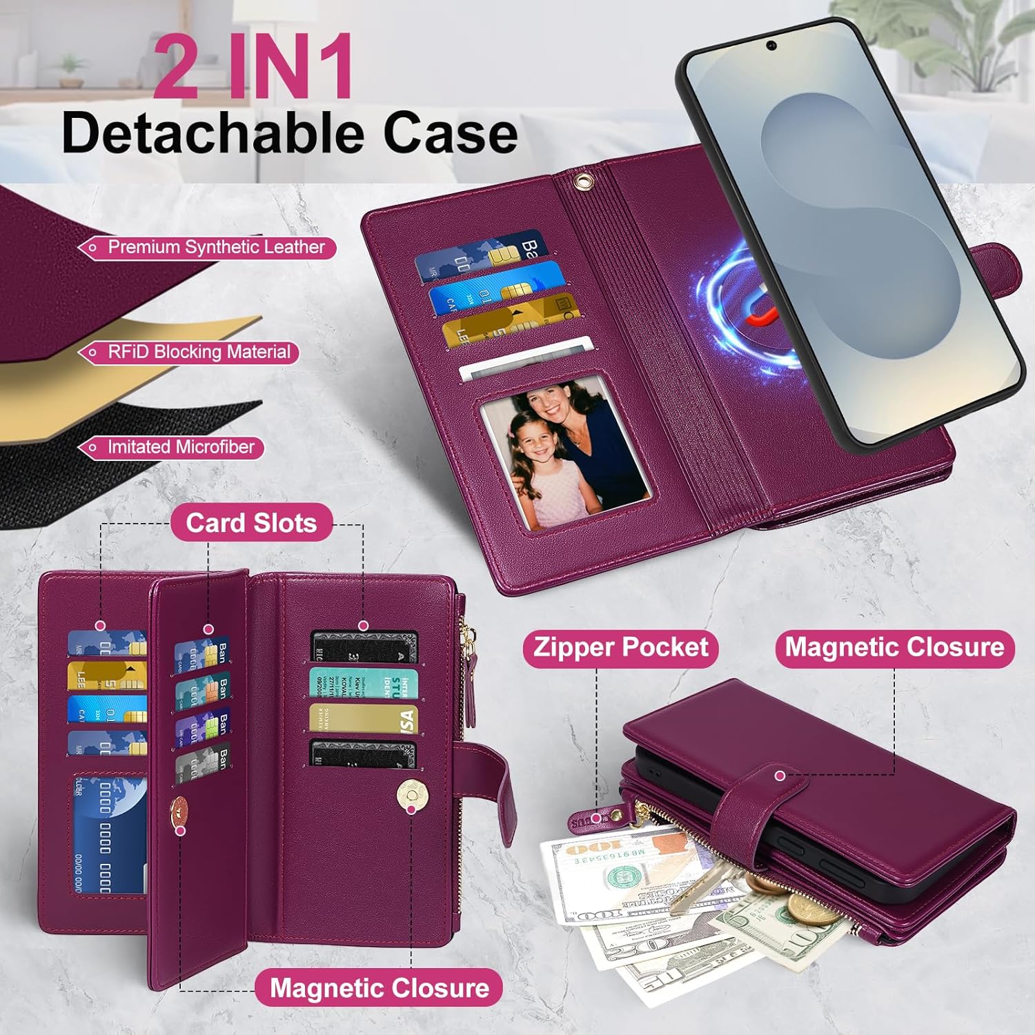 Magnetic Case for Galaxy S25 / S24 Wallet Compatible with Magsafe RFID Blocking Card Holder Detachable Phone Cover Kickstand Snap Strap Zipper Pocket PU Leather (Burgundy)