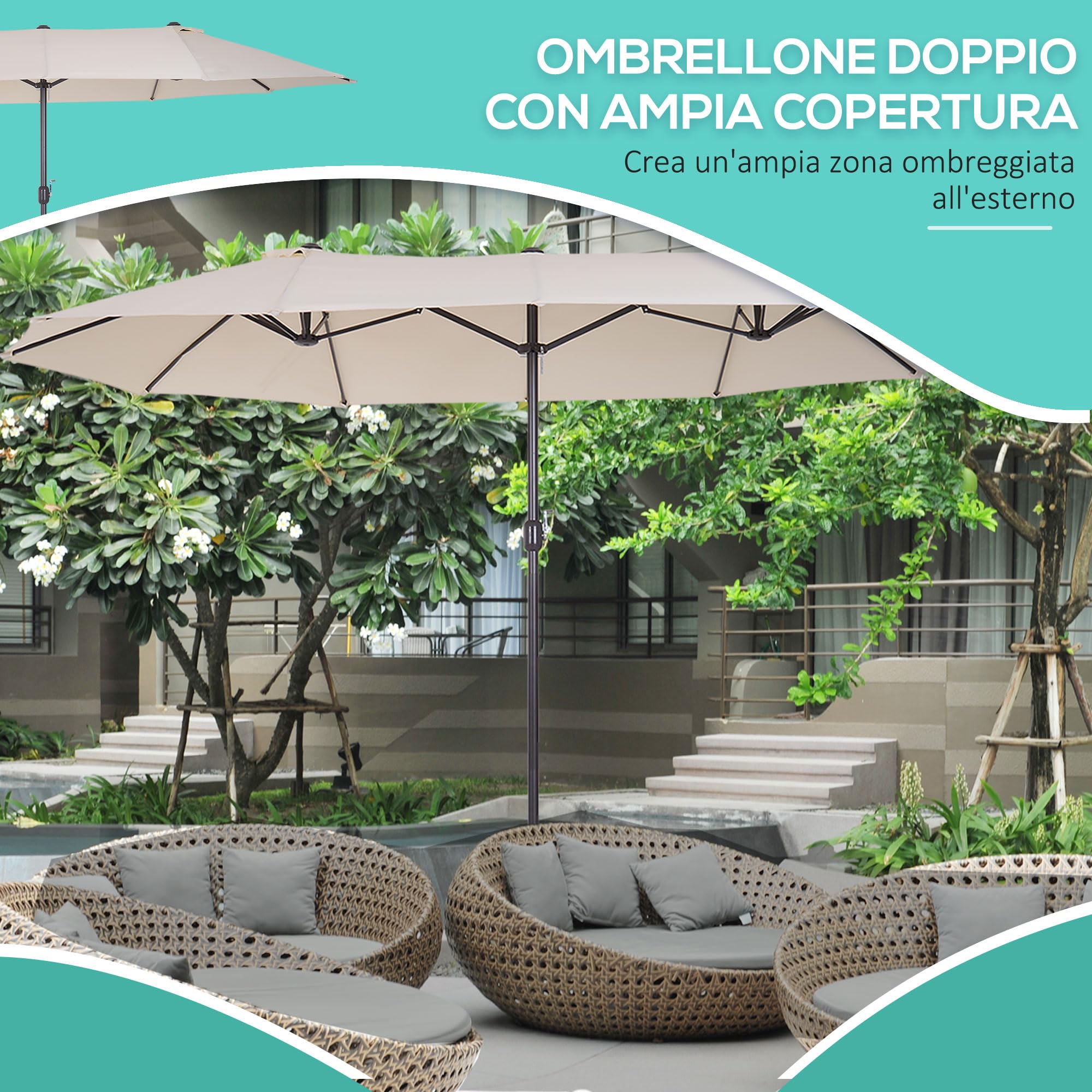 Outsunny Ombrellone da Giardino Doppio da Giardino 4.6x2.7 m a 12 Stecche con Prese d'Aria e Manovella, Ombrellone per Esterno in Acciaio e Poliestere, Anti UV, per Balcone e Terrazza
