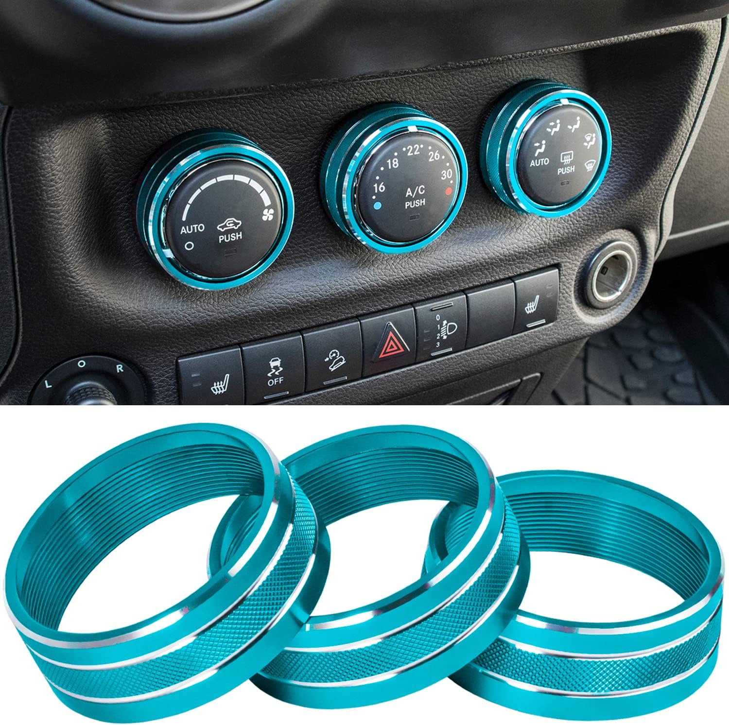 Audio Air Conditioning Button Cover Decoration Twist Switch Ring Trim for Jeep Wrangler JK JKU Patriot 2011-2018, Compass 11-16, Liberty 08-12, Dodge Challenger 08-14 Interior Accessories (Light Blue)