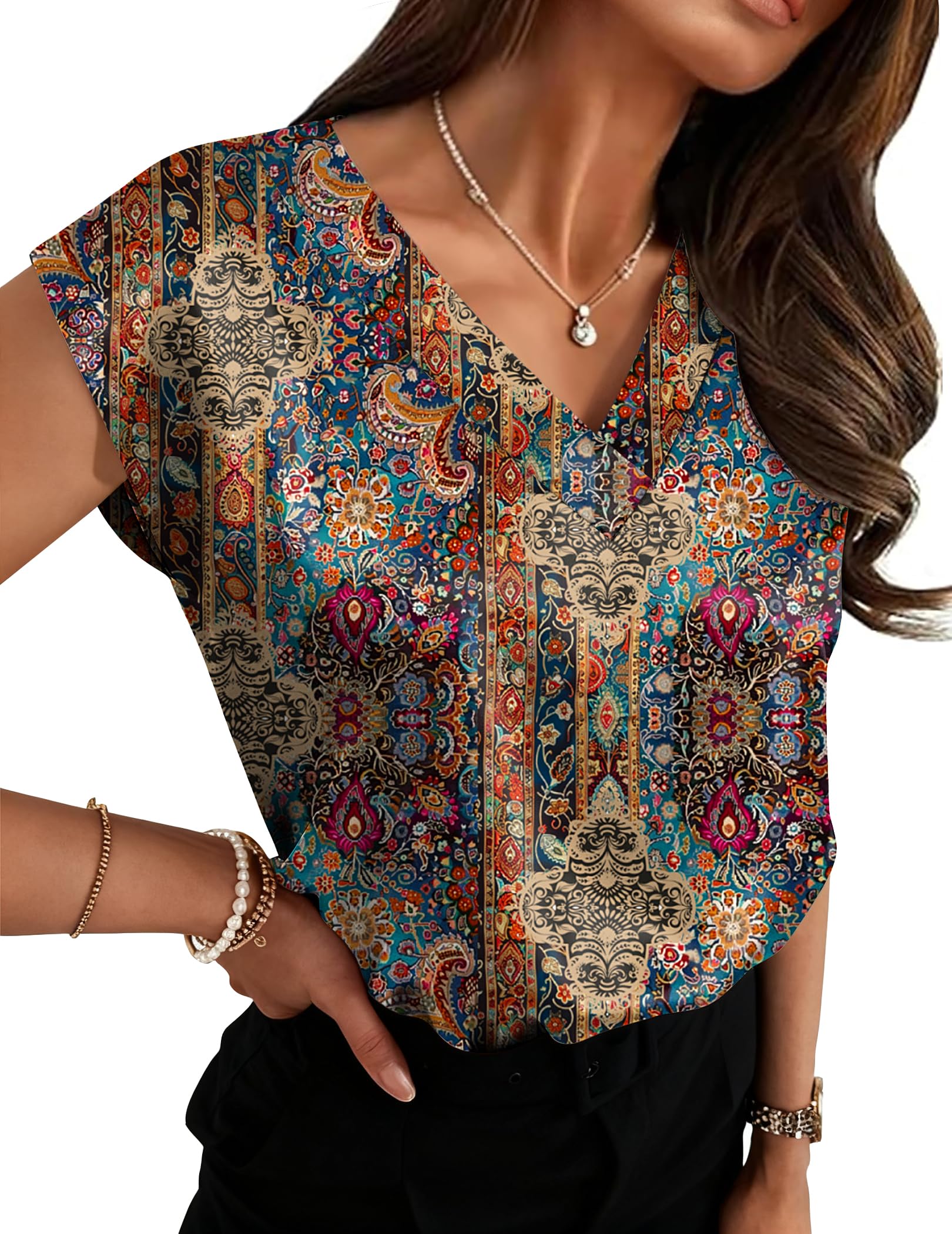 Zeagoo Satin Bluse Damen V Ausschinitt Cap Ärmel Silk Tops Elegant Kurzarm Business Shirts Sommer Seide Tshirt Blouse S-XXL - 3