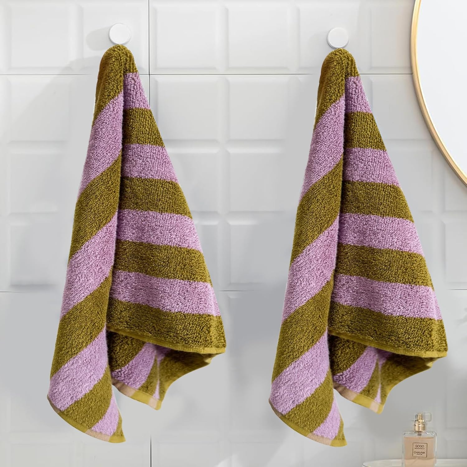 USTIDE Striped Luxury Fluffy 100% Cotton Hand Towel Set of 2, 14 x 30 Inch Pink Coffee Wide Stripe - Image 7