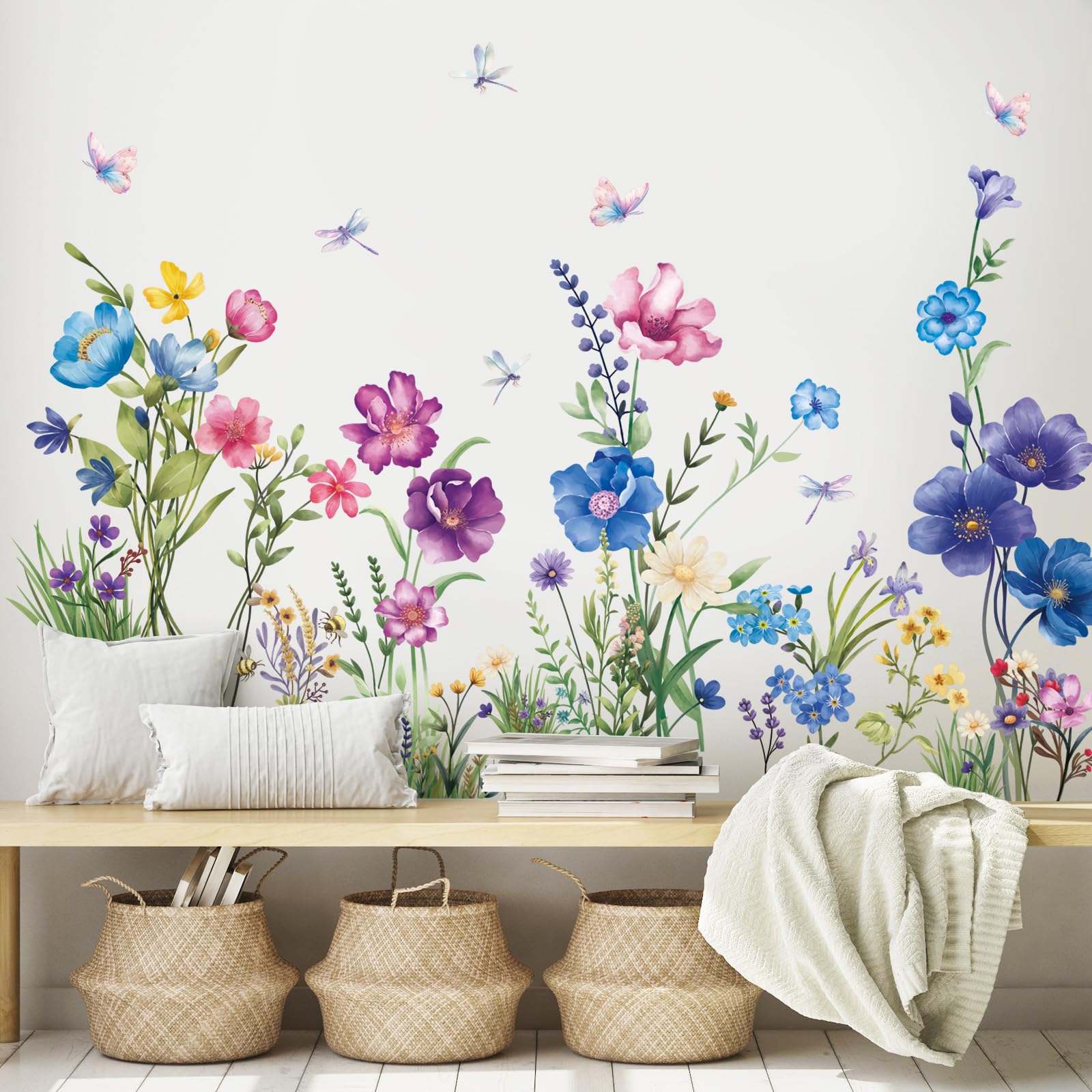 SHUCHING Garden Flowers Wall Stickers Removable Vinyl, Colourful Wildflowers Wall Decals Decoration Art for Girls Living Room Bedroom