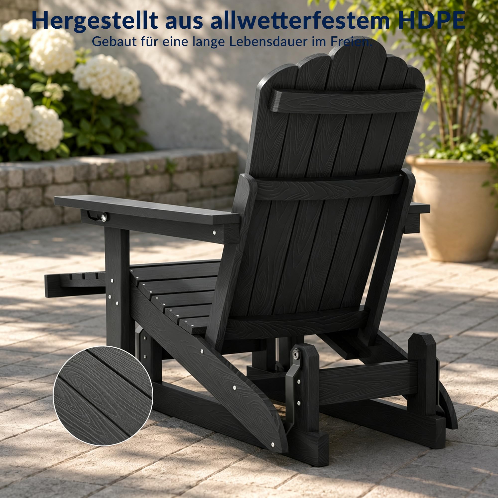 Adirondack Stuhl mit Fußstütze, HDPE Adirondack Chair Gartensessel mit Getränkehalter und Gleitfunktion, verstellbare Rückenlehne, wetterfest und pflegeleicht für Garten, Terrasse und Balkon