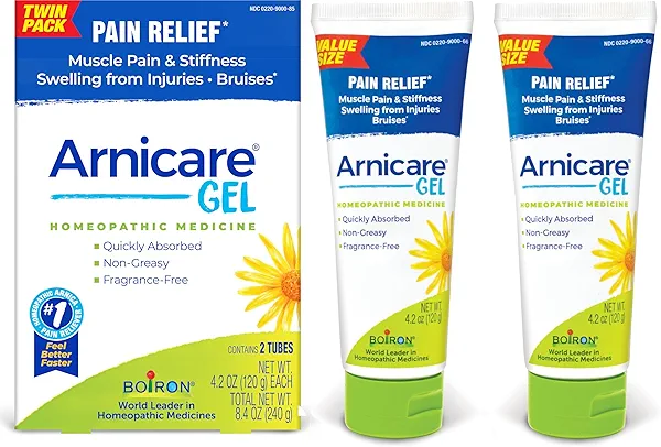 Boiron Arnicare Gel 4.2 oz (Twin Pack) for Joint Pain Relief, Muscle Pain, Muscle Soreness, and Swelling from Bruises or Injury - Non-Greasy and Fragrance-Free Arnica