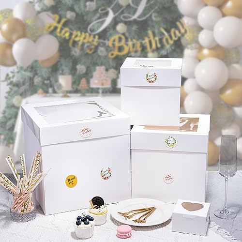 Miniatura 7 de 18 cajas para tartas de 10 x 10 x 8 pulgadas, 80 calcomanías y caja grande para tartas blancas con ventana, cajas de panadería altas cuadradas para
