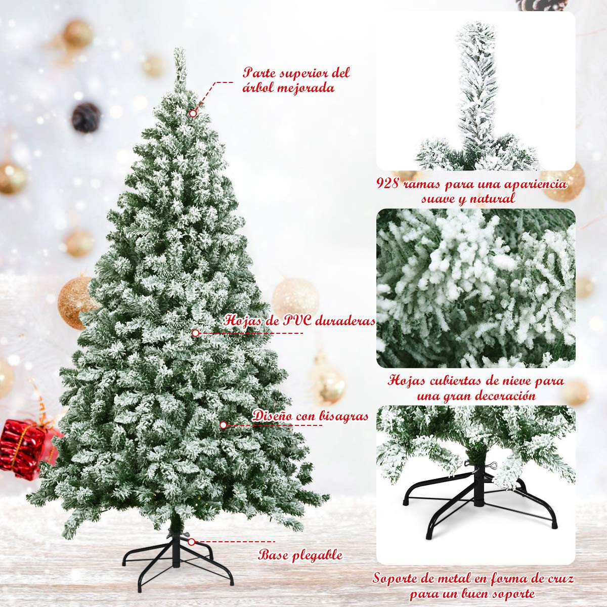 COSTWAY Árbol de Navidad Artificial 180 cm, Arbol de Navidad Nevado con Nieve, Agujas de PVC de 928 Ramas, Arvore de Natal con Soporte de Metal para Hogar Oficina Fiesta