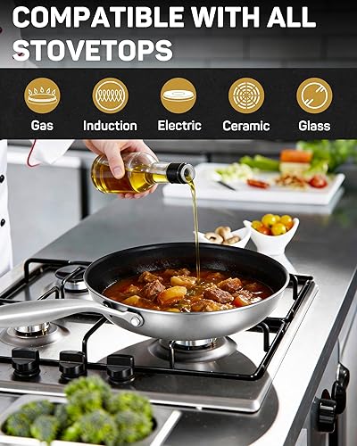 Miniatura 7 de Sartén antiadherente de acero inoxidable, sartén híbrida de cerámica de 10 pulgadas, mango que se mantiene fresco, libre de PFAS y PFOA PTFE, apto