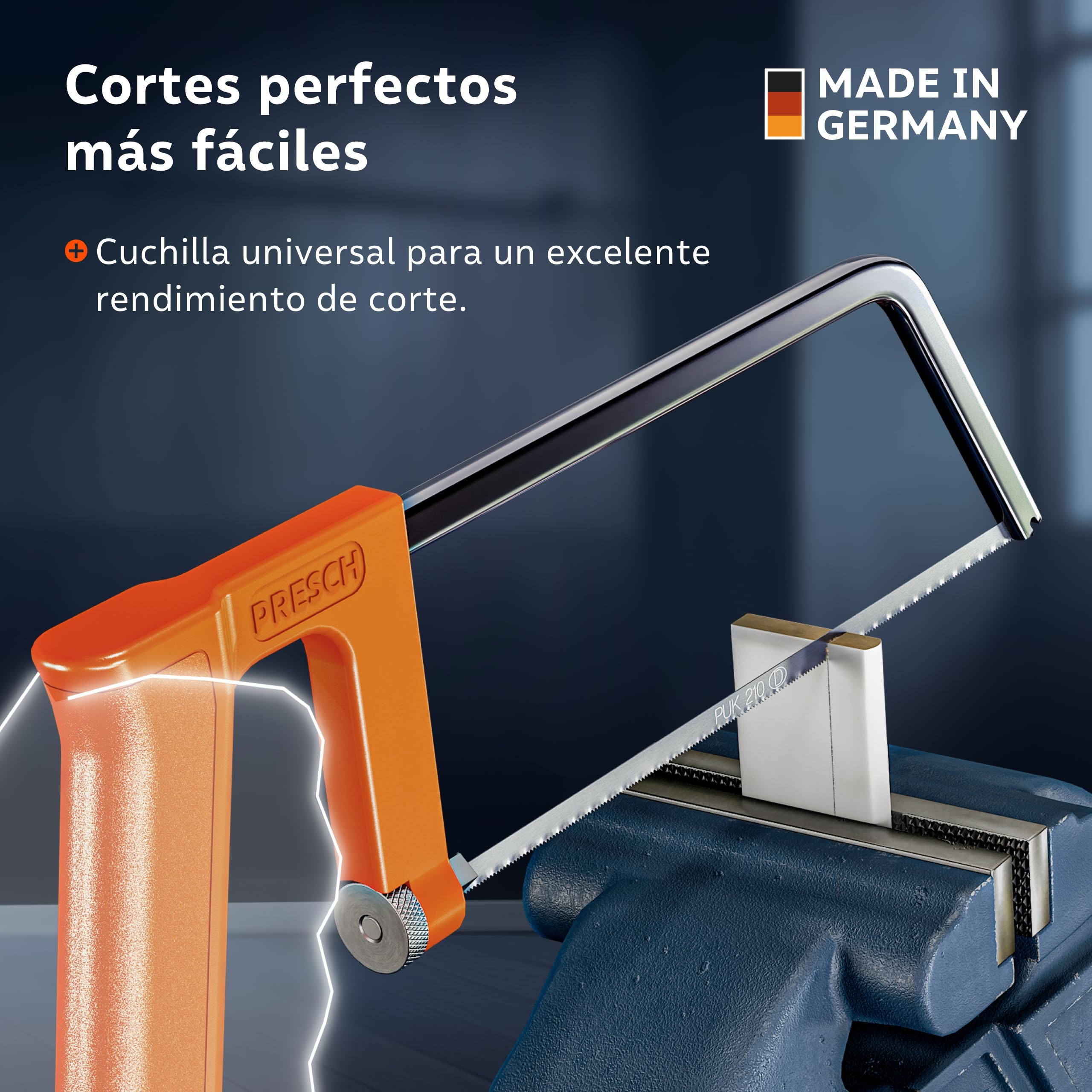 Presch Sierra de metal 200mm - Con hoja de sierra universal para cortes precisos - Cambio rápido de hojas de sierra - Mango ergonómico para serrar mejor - Sierra de arco pequeña, Sierra manual