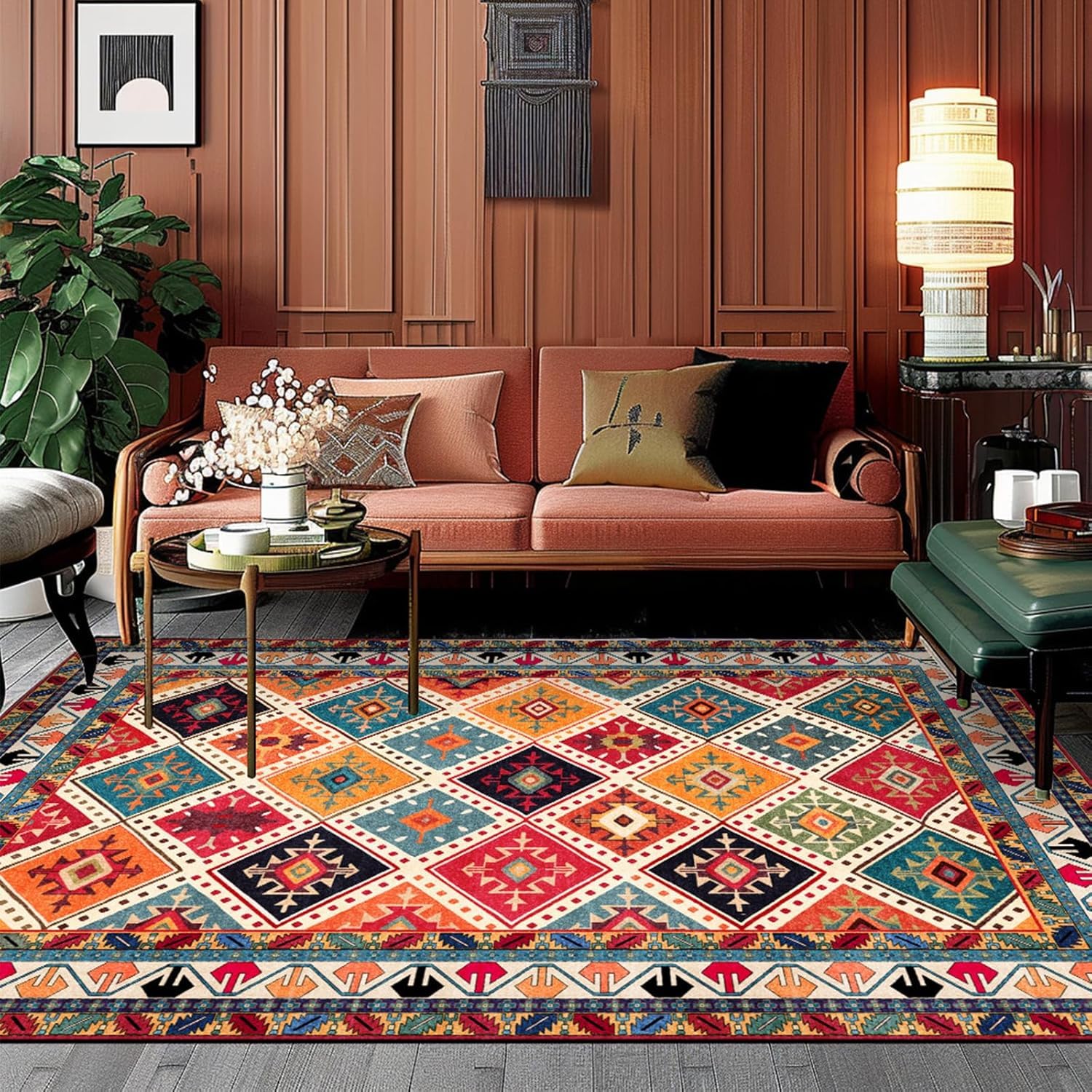 Tappeti Soggiorno Decorazioni per la casa, 120 x 180 cm,Tappeto Art Deco Tavolino Tappeto per interni Tappetino, Colorato Rosso Arancione Blu Verde Vintage Multicolor