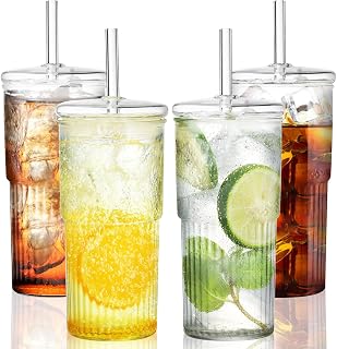 Glasbecher mit Deckel und Strohhalm,4 Stück 600ml/20Oz Trinkbecher Iced Coffee Glas Smoothie Becher Eiskaffee Becher für Milch, Eiswasser, Saft, Kaffee, Soda, Cocktail, kalte oder heiße Getränke