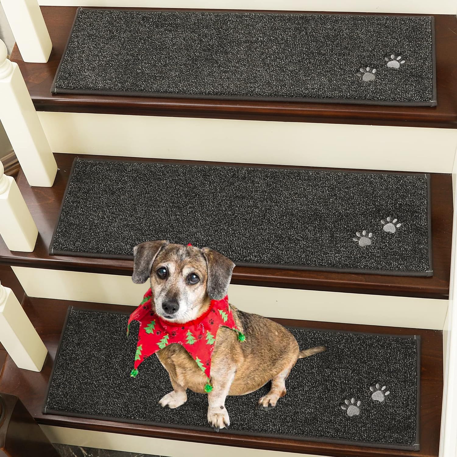 BEQHAUSE Stair-Treads-for-Wooden-Steps-Non-Slip Stair Treads Machine Washable Carpet Stair Treads 28inX9in Soft Indoor Stair Runner for Kids Elders and Pets 100% Polyester 4pcs,Dark Grey