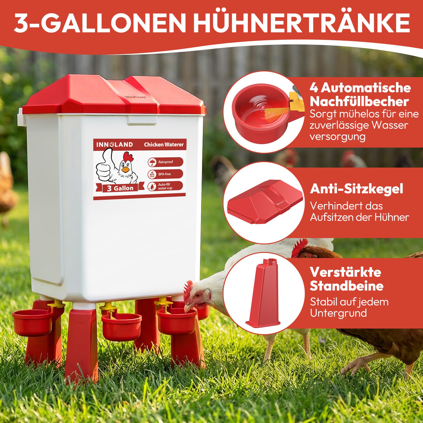 Futterautomat Hühner und Hühnertränke – 12 kg/11 L, Wassertränke Hühner mit 4 Bechern und 3 Futteröffnungen, Keine Verschwendung, Geflügeltränke, Hühnerzubehör für Hennen/Enten/Geflügel