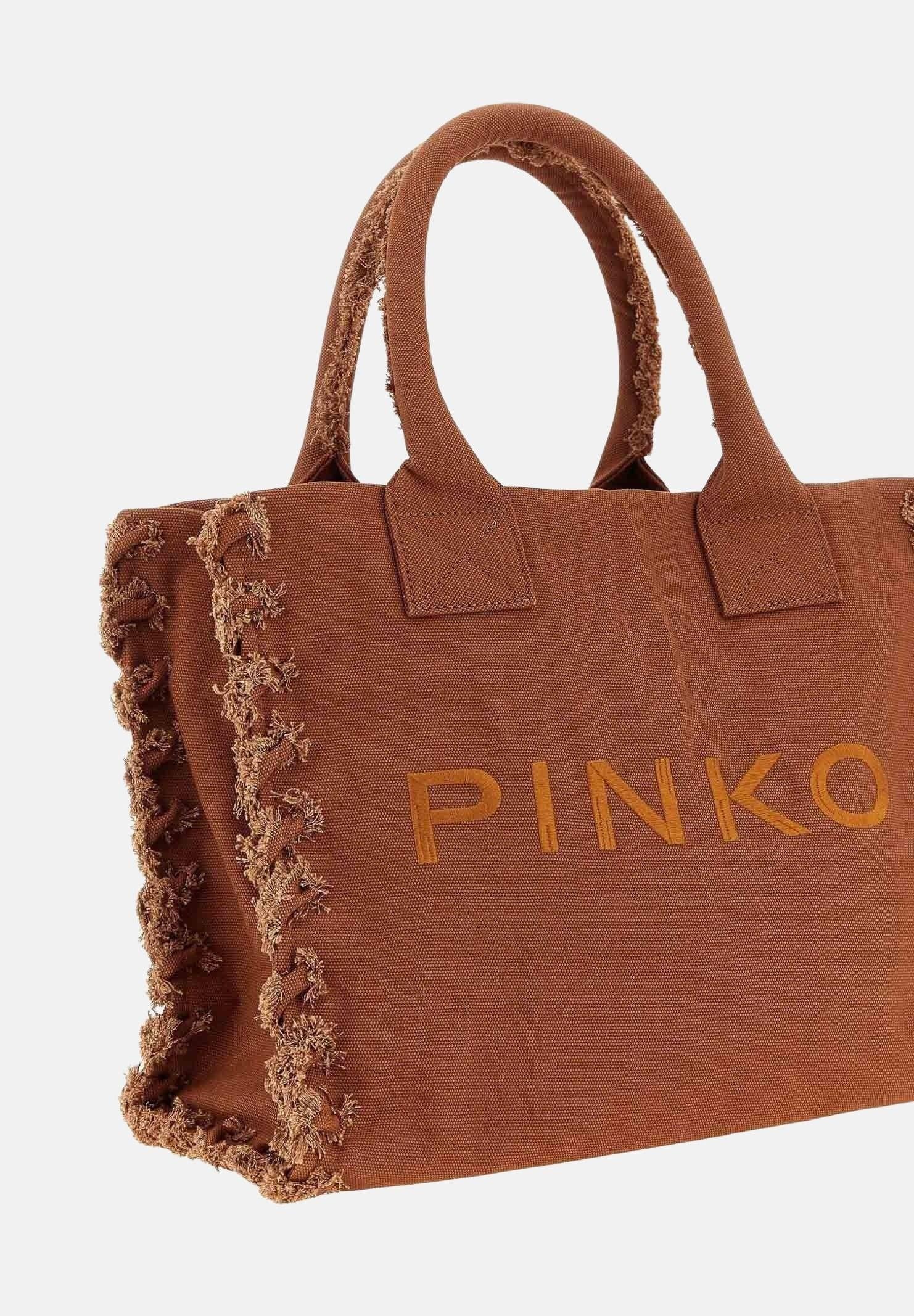 Pinko Bolsa Shopper Media Beach de lona con logotipo y detalles flecos Art. 106673A3A4