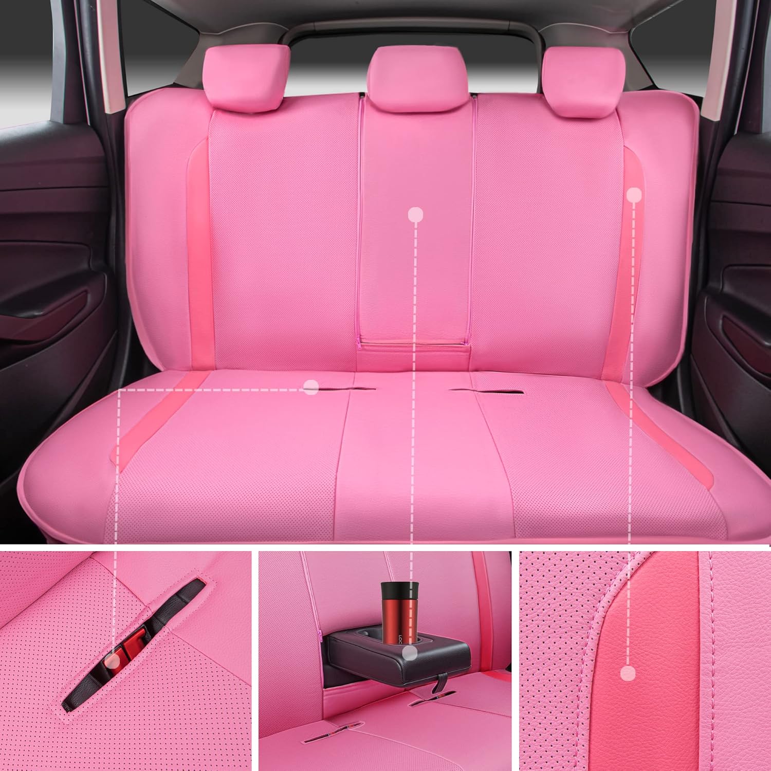 CAR PASS Pink Leather Car Seat Covers Full Set, Luxury Breathable Waterproof Seat Protection Airbag Compatible Universal Fit for Car SUV Pickup Vehicle Auto Interior, Cute Women Pure Pink
