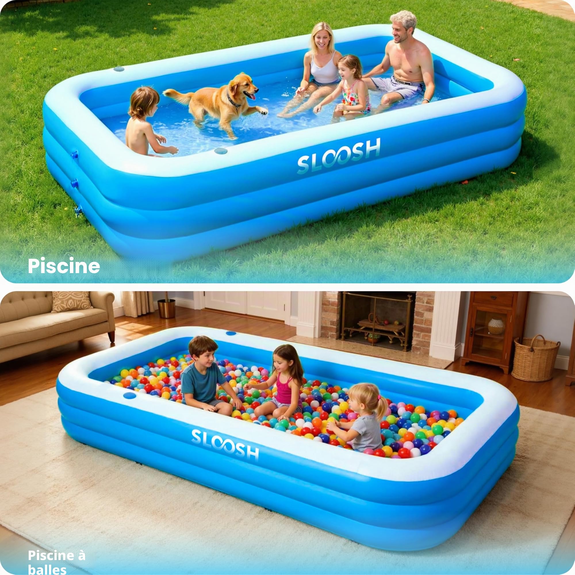 Sloosh Piscine Gonflable avec Sièges, 304,8 x 182,8 x 55,8 cm, Piscine Familiale Hors-Sol, Épaissie et Durable, Idéale pour Les Fêtes Aquatiques d'Été dans Le Jardin, la Cour ou la Pelouse, Bleu