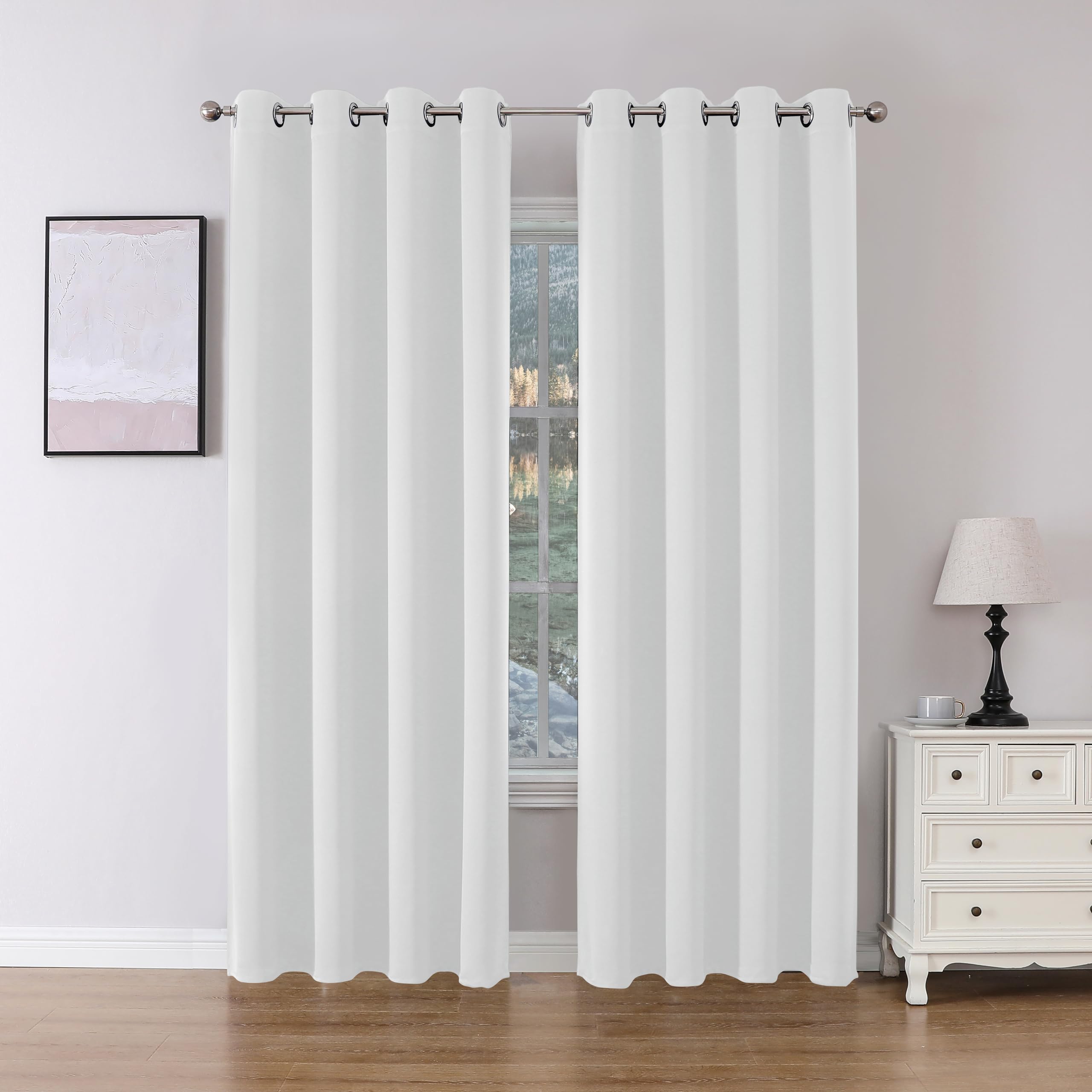 Joydeco Blackout Curtains 90 Inch Length 2 Panels Set, Thermal Insulated Long Curtains& Drapes 2 Burg, Room Darkening Grommet Curtains for Bedroom Living Room Window (Greyish White, W52 x L90 Inch)