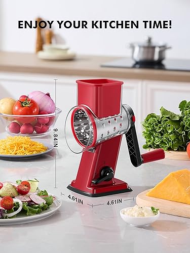 Miniatura 7 de GDL Rallador giratorio de queso, manivela de mano, trituradora de queso mejorada con 4 cuchillas intercambiables, rallador giratorio con base de