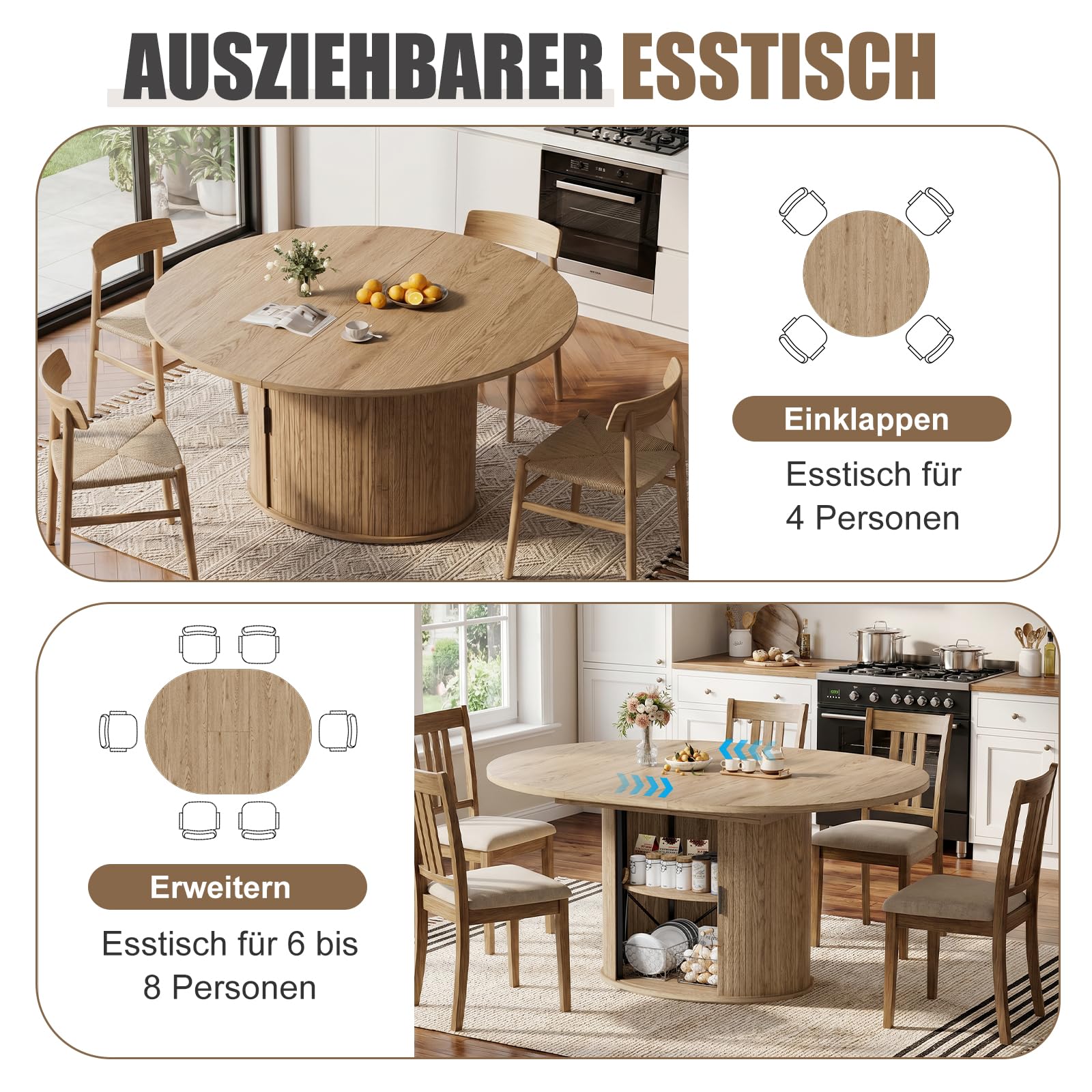 MSFE Esstisch Ausziehbar mit Verstecktem Stauraum Runder Esstisch für 4-8 Personen Moderne Esszimmertisch aus Holz mit 2-lagigem Lagerregal und Schiebetür für Esszimmer Wohnzimmer 110-150x110x75CM