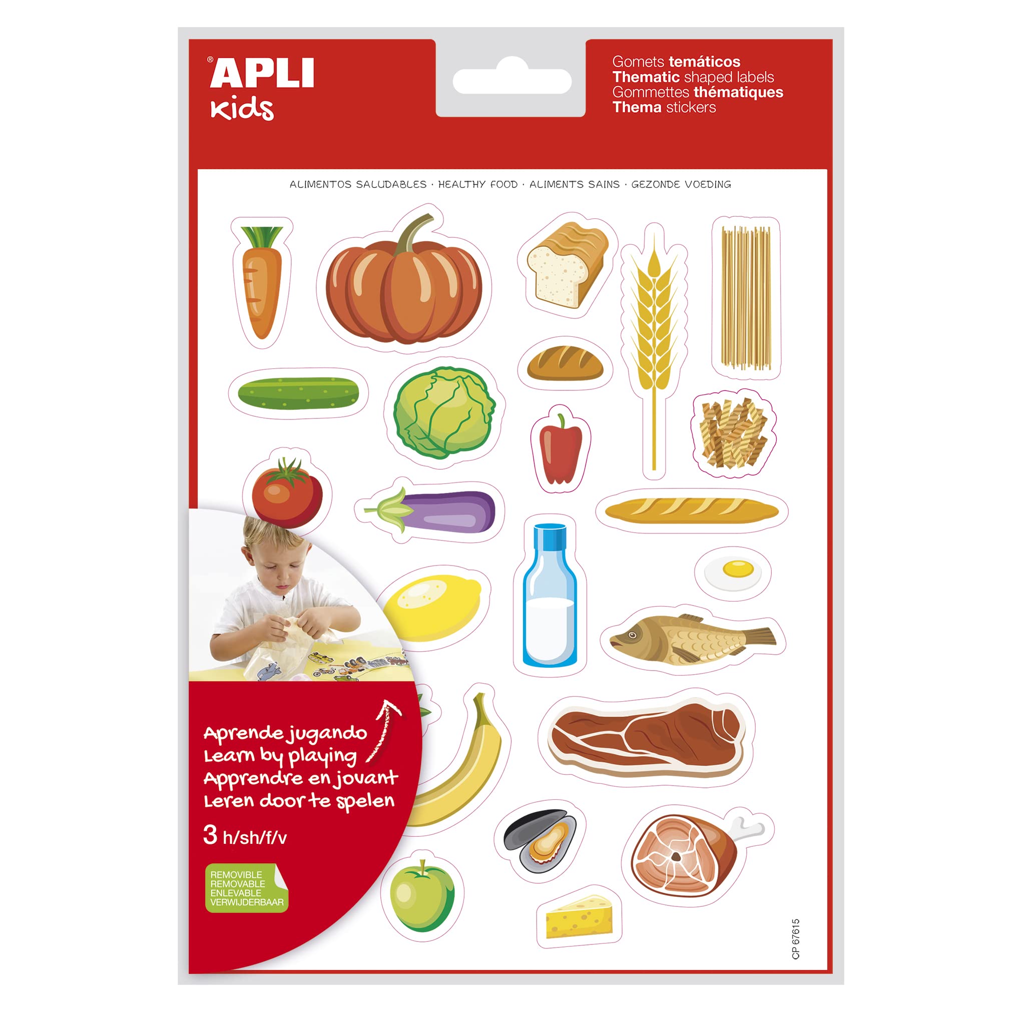 APLI Kids 19227 - Bolsa de gomets con temática de alimentación de adhesivo removible - 3 hojas de pegatinas de alimentos saludables