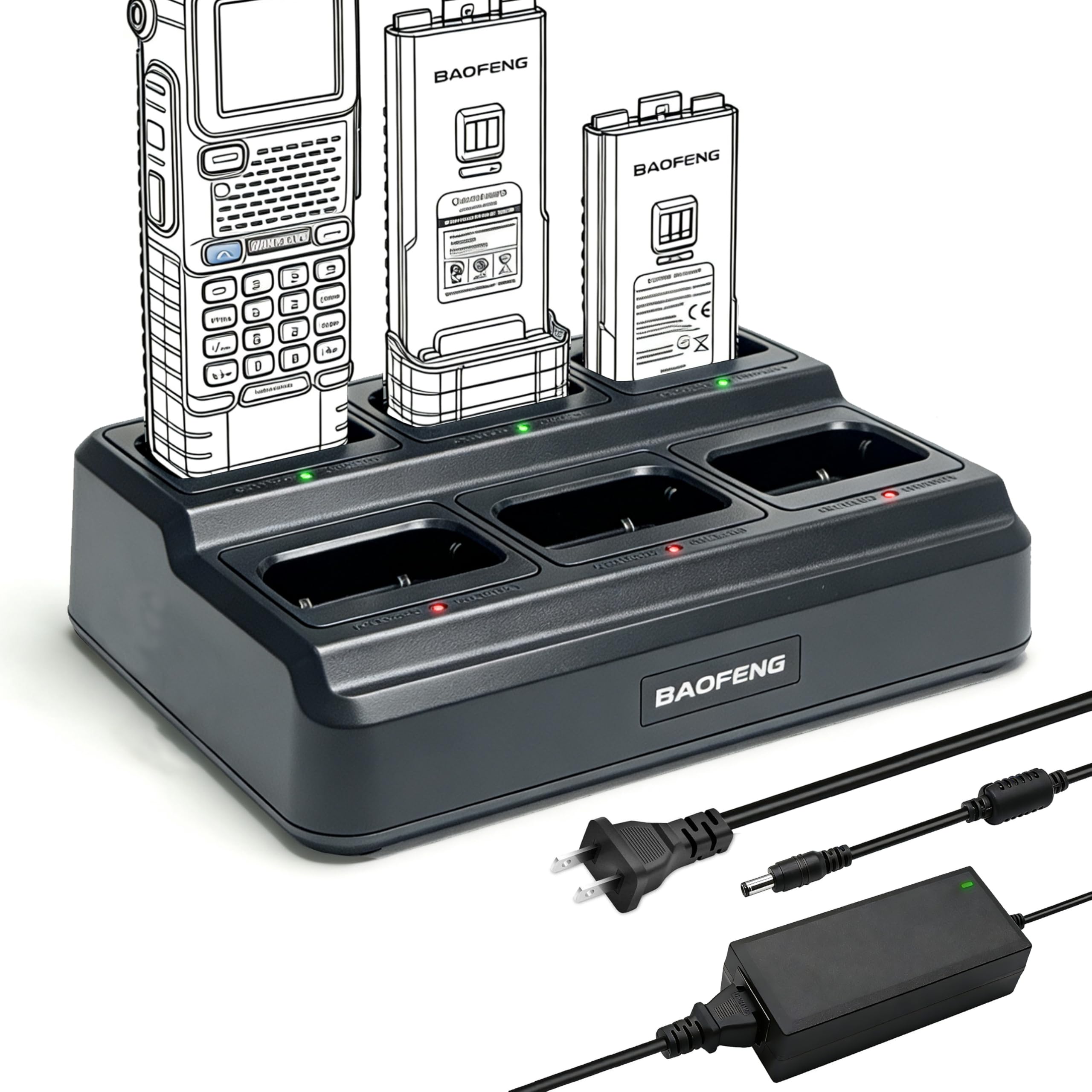 BAOFENG Cargador UV5RM de seis vías para estación de carga rápida AR-5RM/UV5RH Multi Unit con protección de sobrecarga y luces LED, ahorro de espacio Walkie Talkie y base de carga de batería