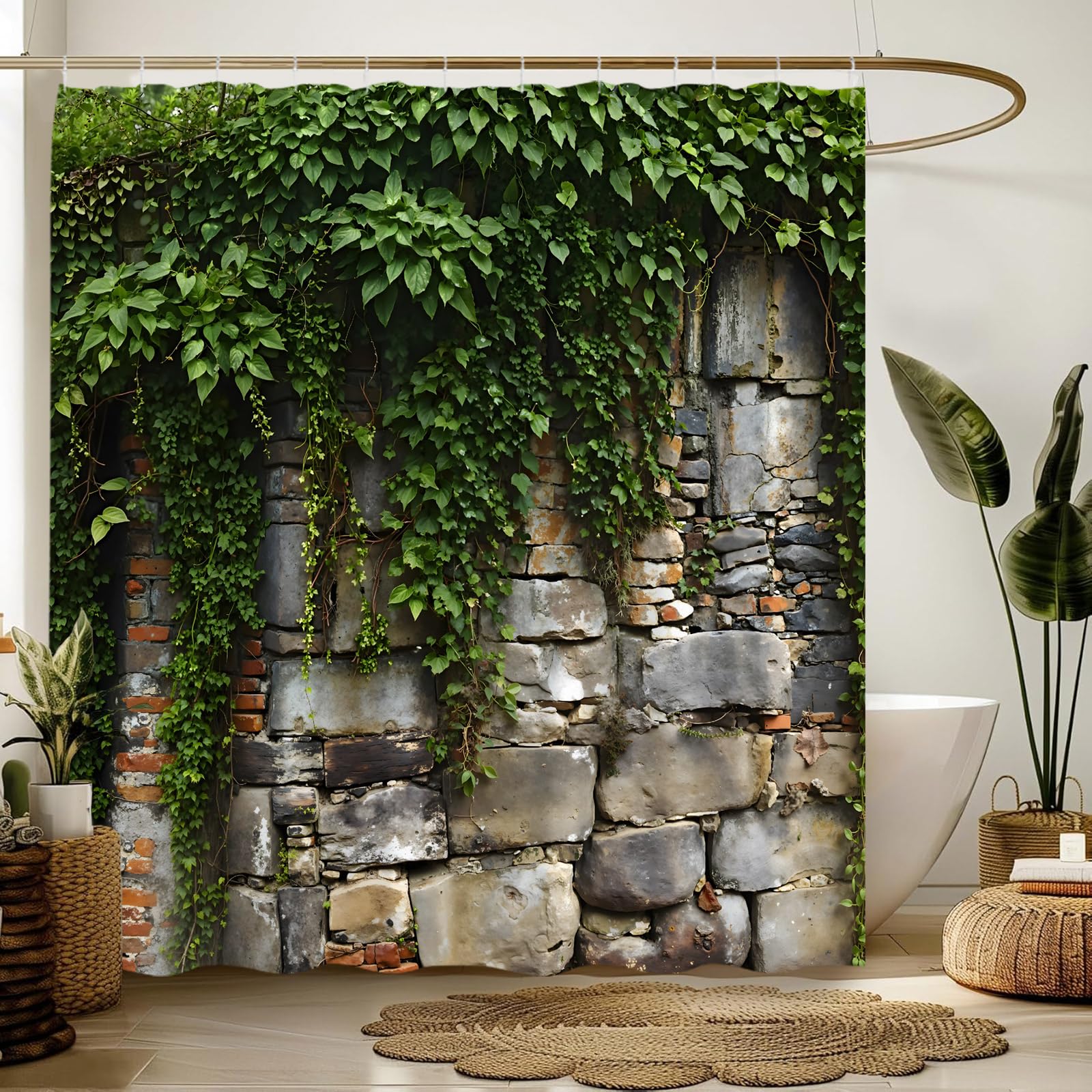 Stone Brick Wall Shower Curtain Ivy Leaves Vines Plant Vintage Rocks Rustic Spring Nature Scenic Fabric Bathroom Decor Sets with Hooks