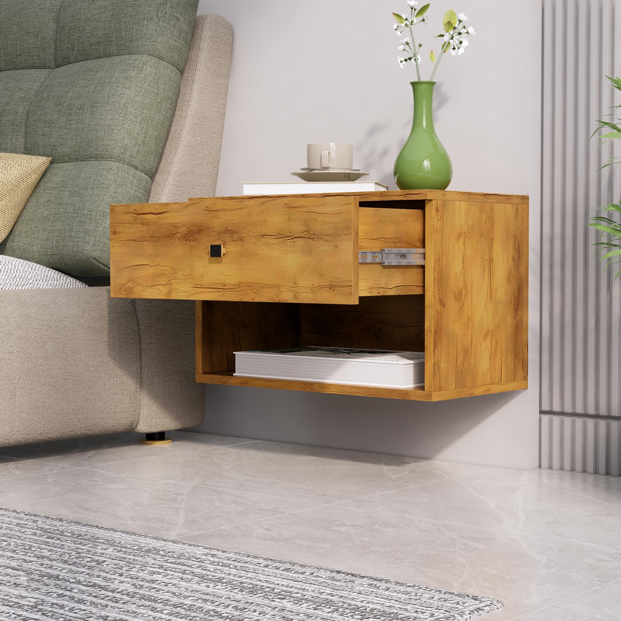 Bniture Bed Side Table with 1 Drawer for Bedroom, Nightstand, End Table with Metal Legs for Bedroom, Sofa Side for Living Room, Wall Mount Bed Side Table (Giant Wood)-image-49