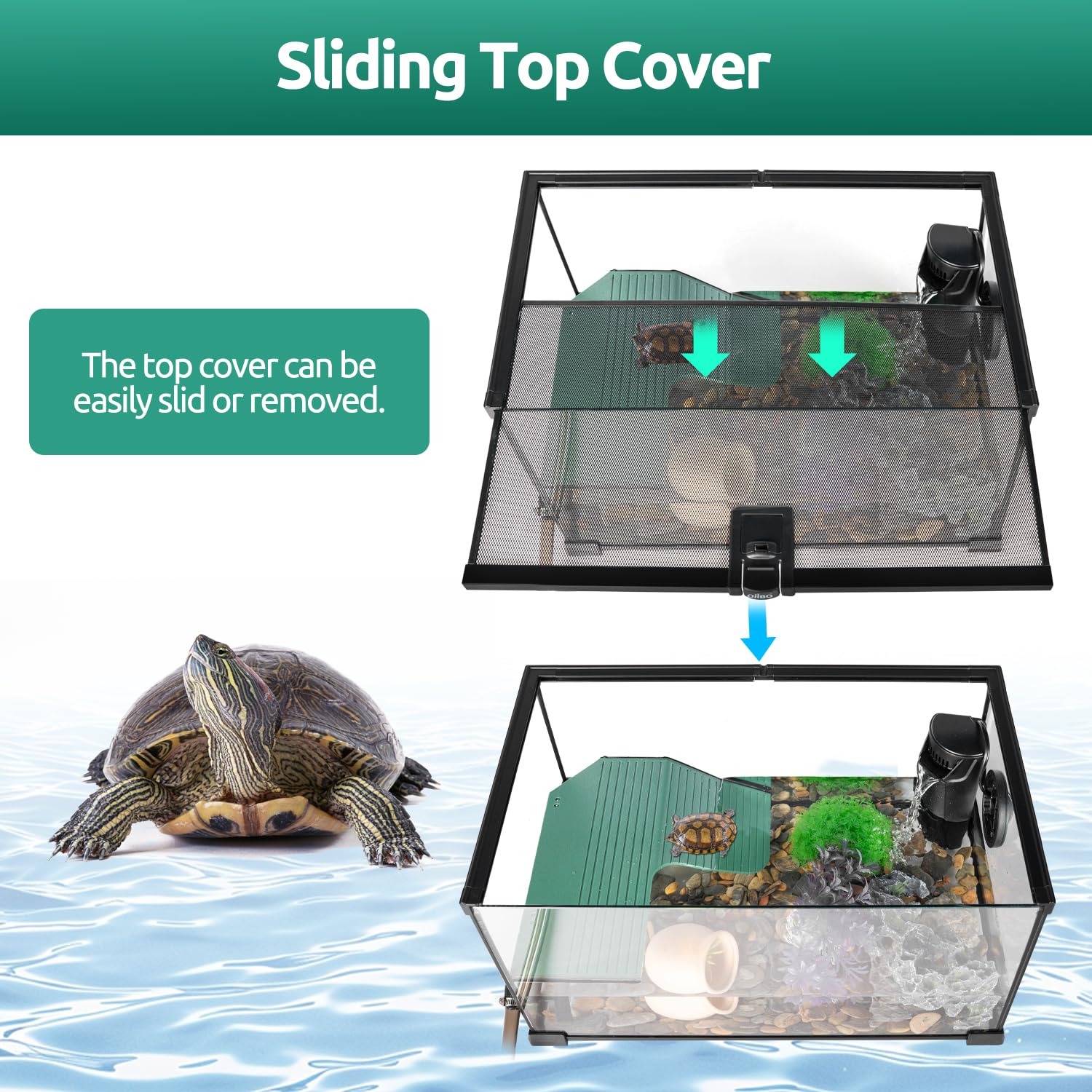 Schildkröten-Tank-Set aus Glas, 30,8 x 30,5 x 25,4 cm, Starter-Set mit Drainagesystem, Sonnenplattform und leisem Aquarium-Eck-Innenfilter, Wasserschildkröten-Terrarium