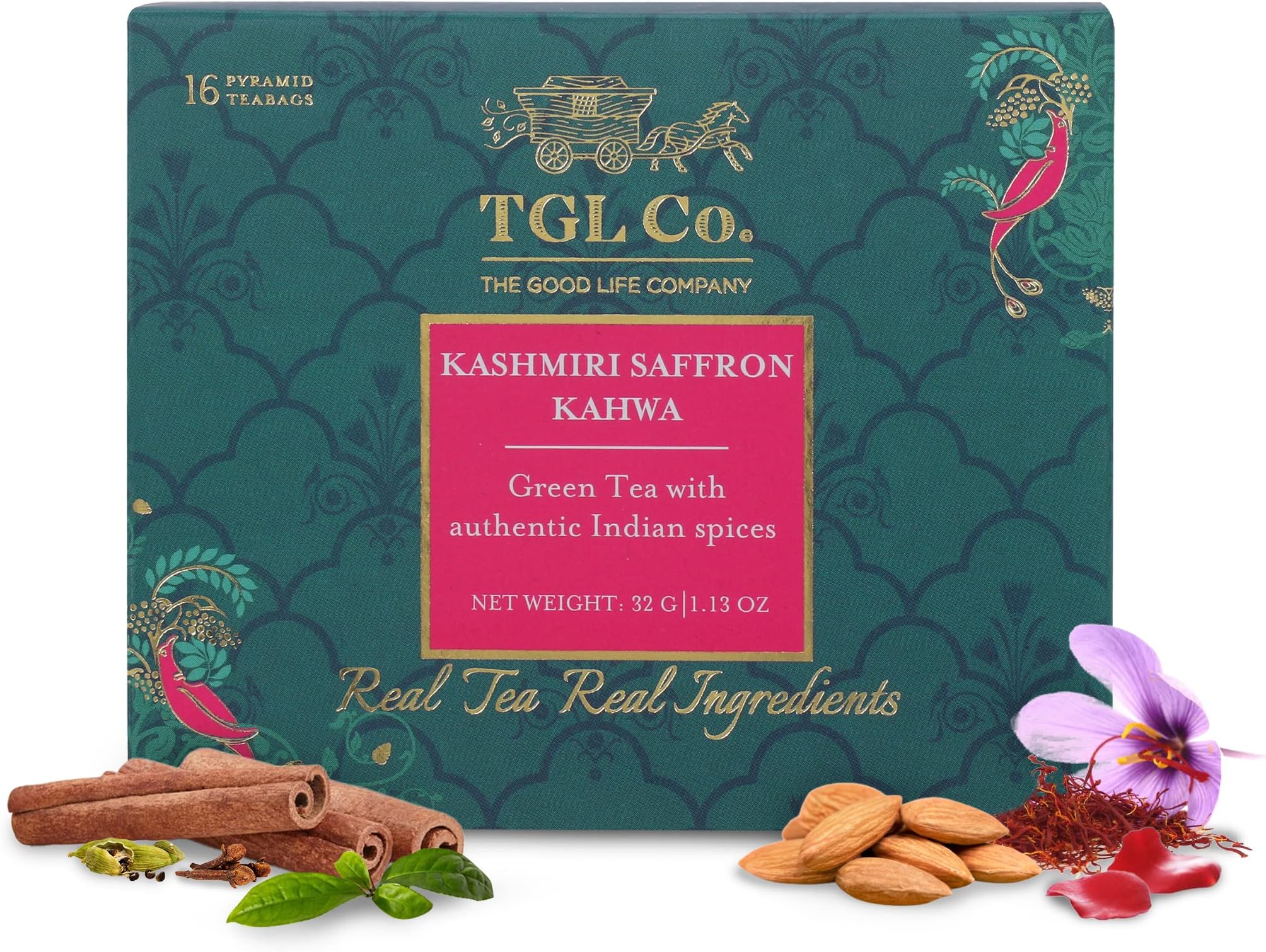 TGL Co. The Good Life Company Kashmiri Kahwa Green Tea 16 Tea Bags (15 Tea Bags with 1 Exotic Sample)