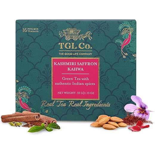 TGL Co. Kashmiri Saffron Kahwa Green Tea (16 Tea Bags) | Saffron-Infused Aromatic Blend | Boosts Immunity & Energy | Supports Digestion | Relieves Stress | Rich & Exotic Flavor