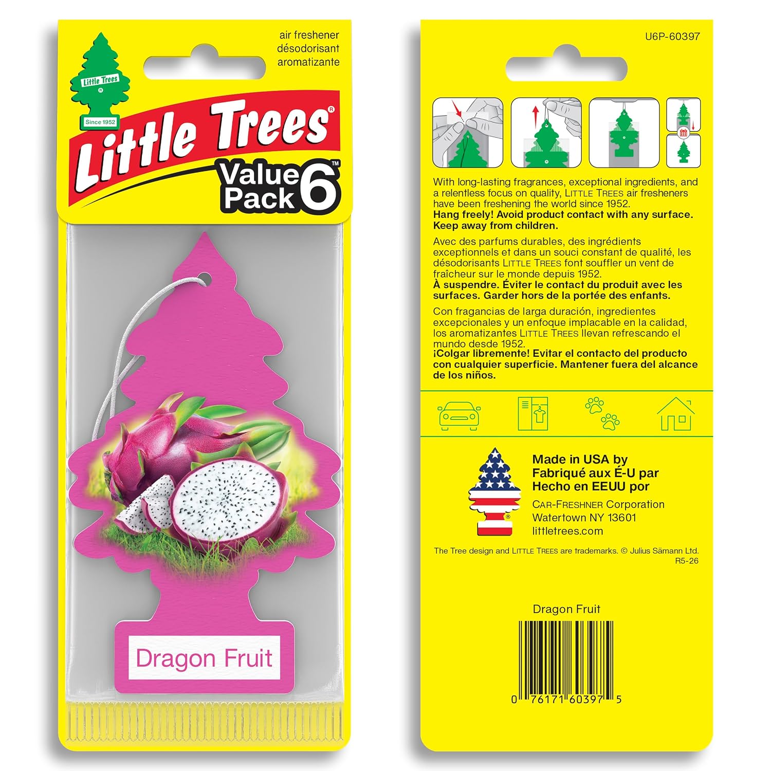 LITTLE TREES Car Air Freshener | Hanging Tree Provides Long Lasting Scent for Auto and Home | 24 Air Fresheners |Dragon Fruit
