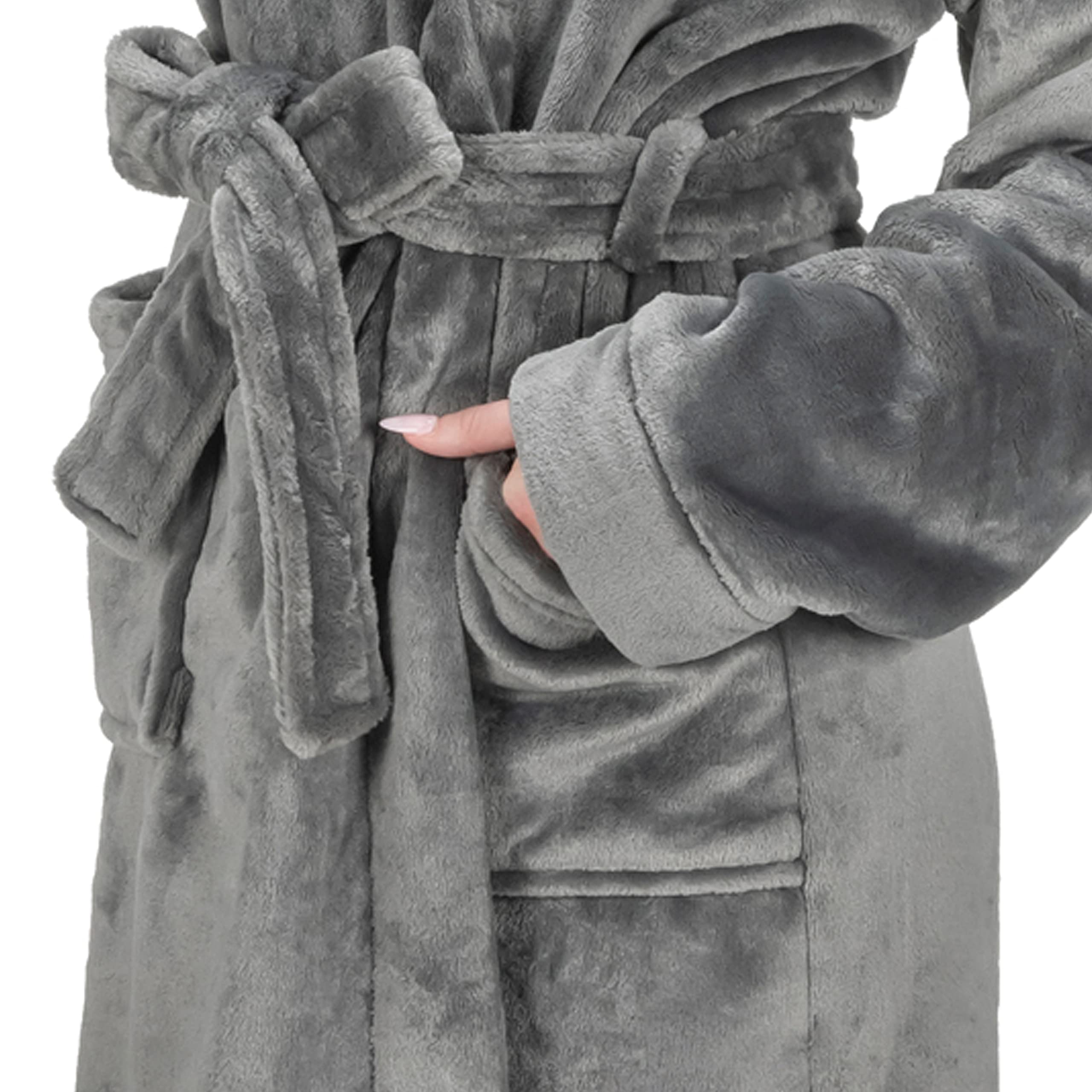 MONHOUSE Womens Dressing Gown - Premium Super Soft & Cosy Long Bathrobe - Ladies Thick Flannel Luxury Housecoat - Warm Fluffy Shearling Spa Robe for Her - Sherpa Bathrobe - Dark Grey - UK 20-22