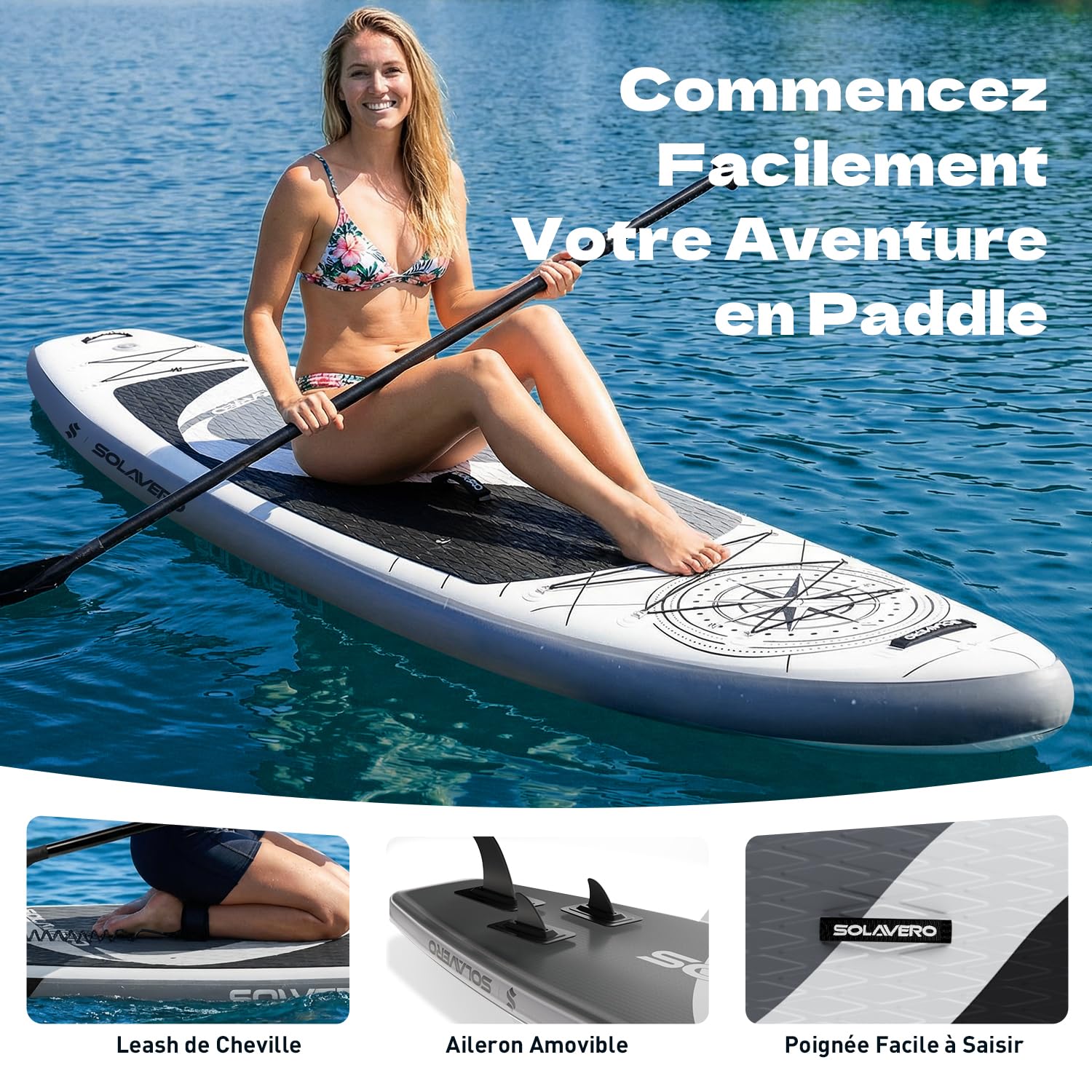 SOLAVERO Stand Up Paddle Gonflable 350 x 89 x 15 cm Adulte 200kg 2 Personnes avec Pagaie Réglable, Pompe, Leash, Pochette et Sac à Dos